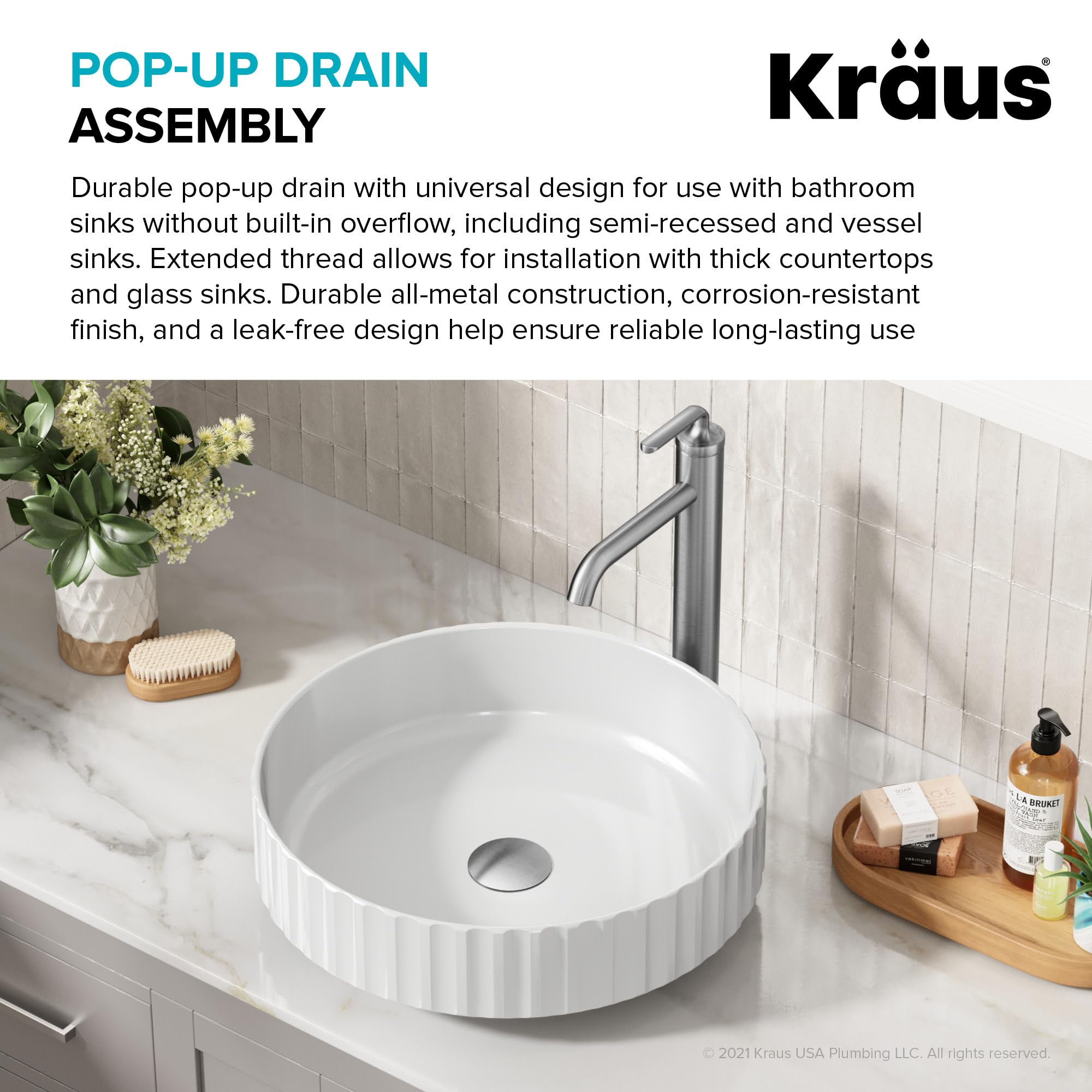 KRAUS PU-10SN Satin Nickel Pop-Up Bathroom Sink Drain - Modern & Durable Drain Stopper for Bathroom Vanity, Vessel Sinks, and Home Renovation Projects