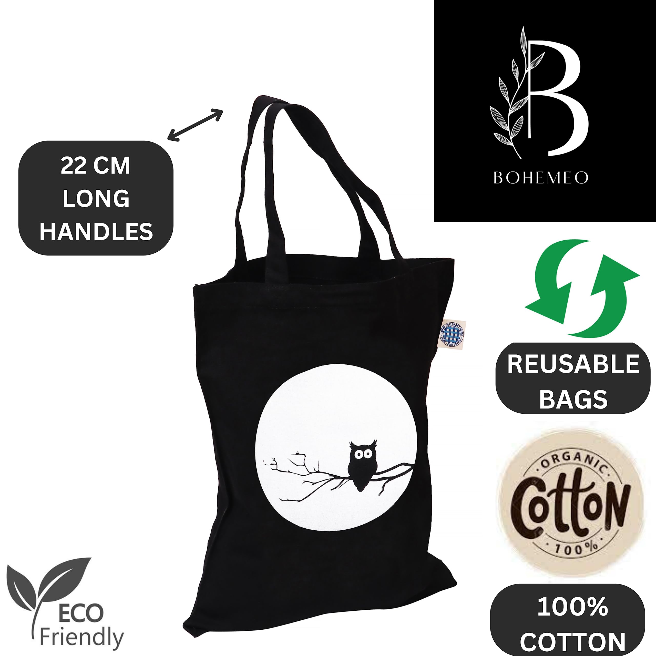 BOHEMEO Reusable Organic Cotton Tote Bags for Women - Eco-Friendly Canvas Shoulder Bag with Stylish Printed Designs (Owl & That's Nuts) - Perfect for Grocery Shopping, Beach Trips & Daily Use