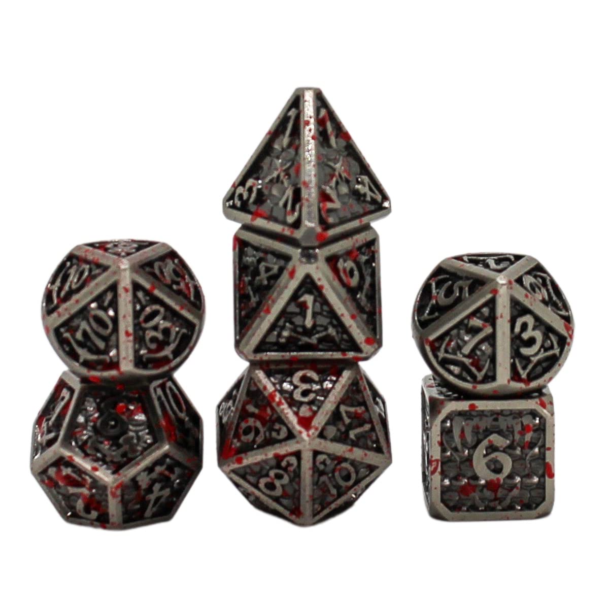 Vintage Silver Metal Dice Set with Blood-Like Paint Splatter Effect - 7-Piece RPG Gaming Dice in Display Case | Perfect for Dungeons & Dragons, Tabletop Games, and Collectors
