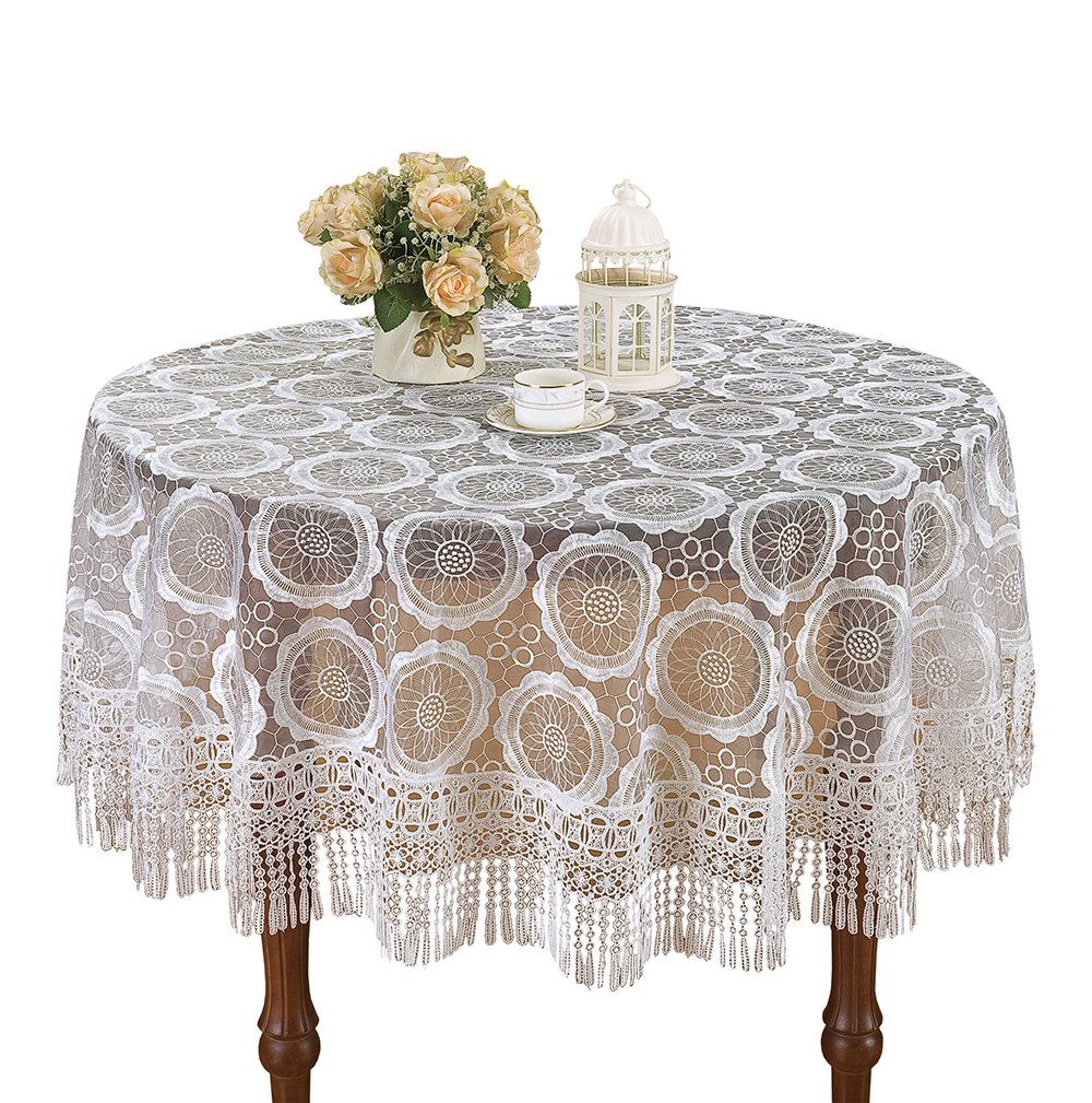 Simhomsen 48 Inch Round White Embroidered Lace Tablecloth - Elegant Dining Table Cover for Weddings, Parties & Formal Events