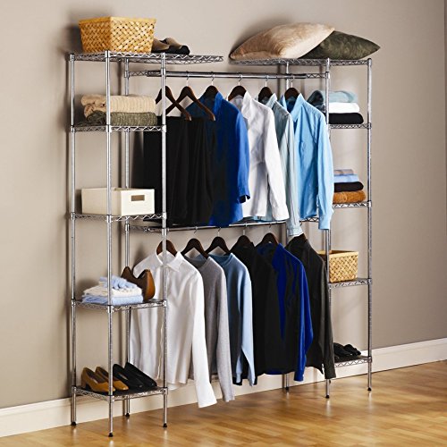 Expandable Clothes Storage Metal Rack - Double Rod Closet Organizer with Adjustable Shelves (58