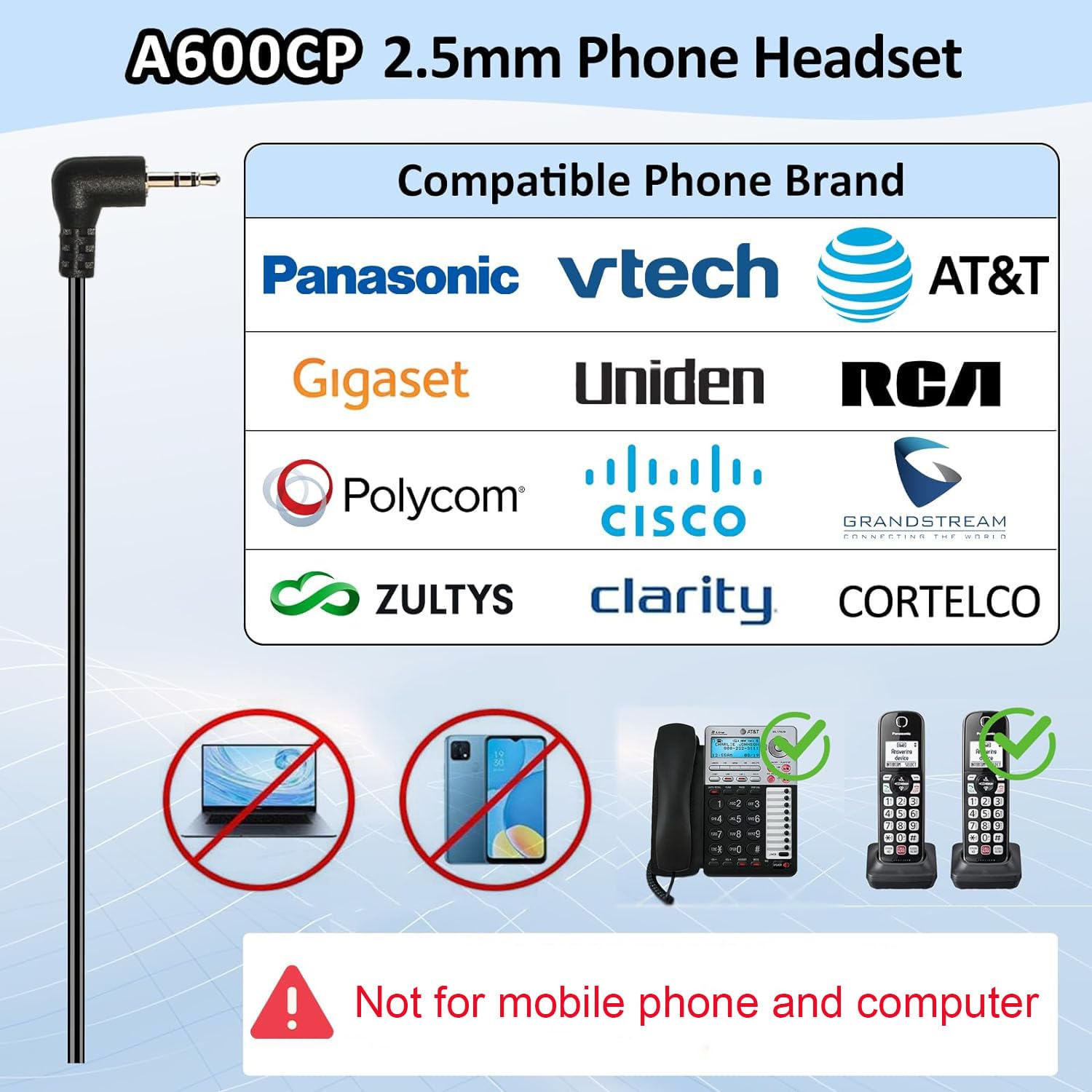 Noise Cancelling 2.5mm Phone Headset with Microphone & Volume Control - Compatible with Panasonic, AT&T, Gigaset, Cisco, Grandstream, Polycom Office Cordless Phones - Perfect for Call Centers, Remote Work & Business Communications