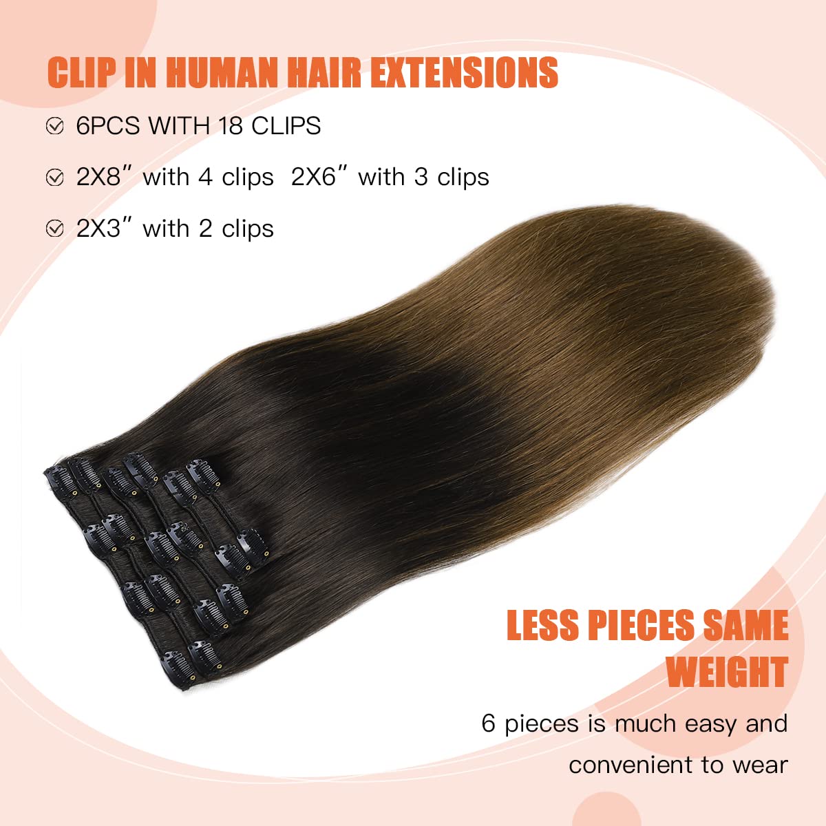 XD Clip in Hair Extensions 18 Inch - 120g 6Pcs Real Human Hair Ombre (Natural Black to Medium Brown) with Soft Thick Ends | Perfect for Volume, Length & Styling for Parties, Weddings & Daily Wear