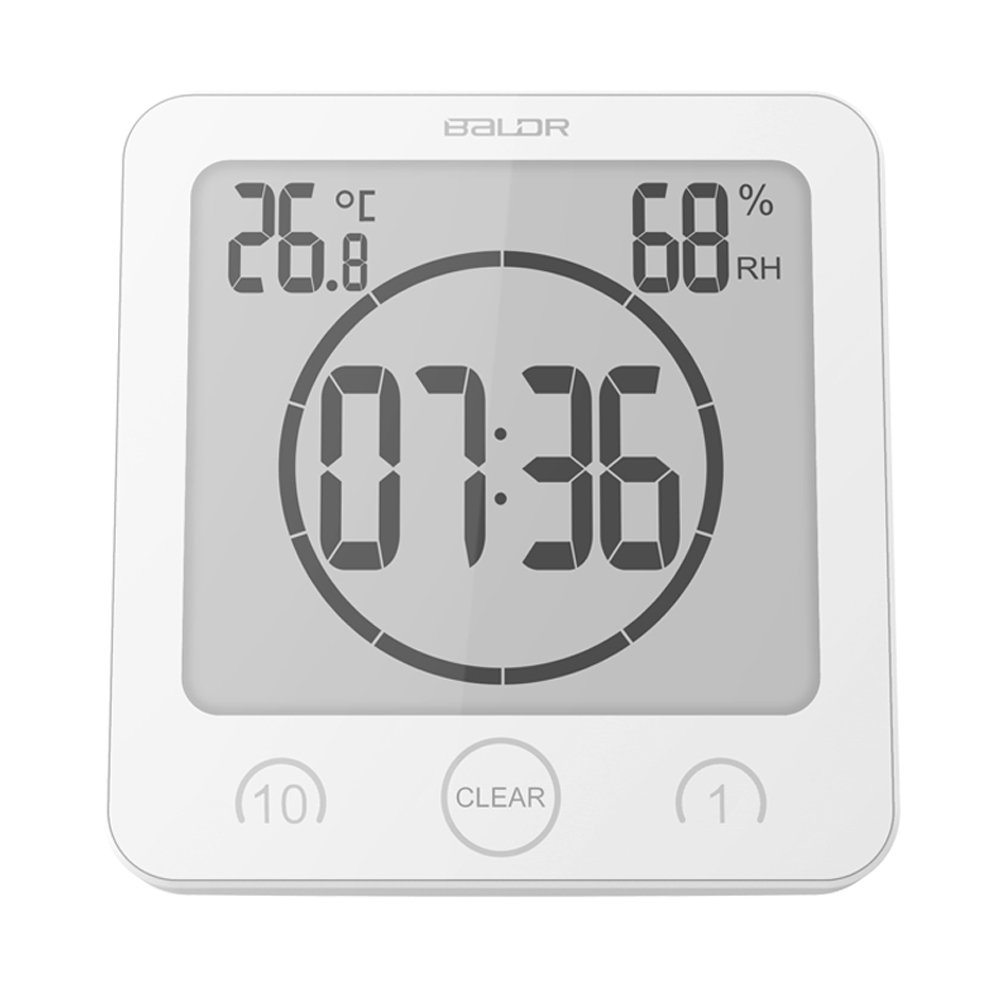 BALDR Digital Bathroom Clocks - 2 Pack Waterproof Shower Clock with Timer, Large LCD Display, Temperature & Humidity Sensor - White Wall Clock for Bathroom, Kitchen, Gym & Spa Use