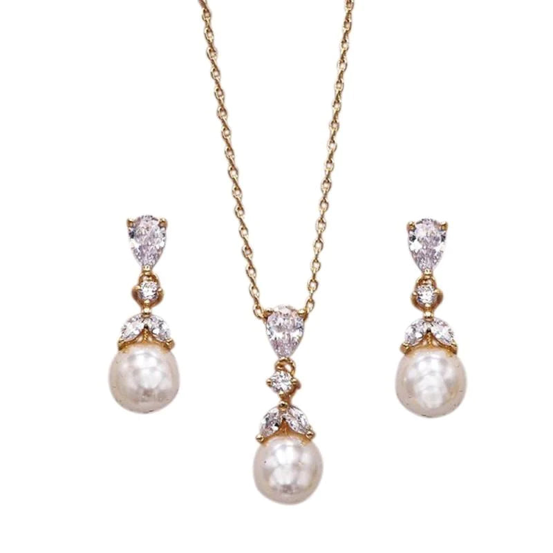 Elegant Champagne Gold Crystal & Pearl Bridal Jewelry Set 7534 - Perfect for Weddings, Proms, and Special Occasions