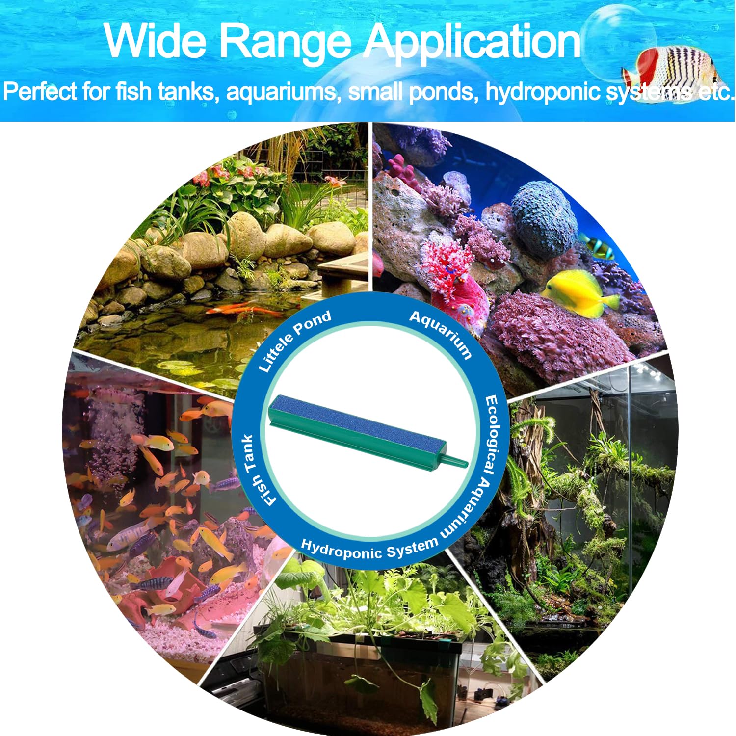 6 Inch Aquarium Air Stone Bar Kit - 5 Pack Square Oxygen Diffuser Bubble Stones for Fish Tank Pumps, Hydroponic DWC Buckets & Small Aquariums - Enhances Oxygenation for Healthier Fish & Plants