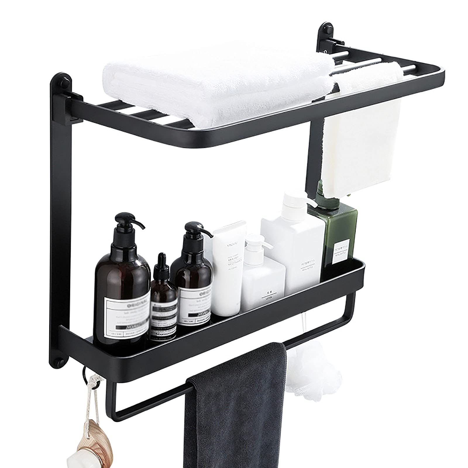 **2-Tier Black Aluminum Wall Mounted Shower Caddy Organizer with Hooks & Towel Bar - Bathroom Shelves for Kitchen & Bath Storage - Perfect for Shower, Spa & Small Space Organization**