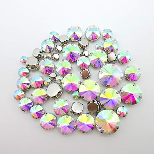 DS-109576 Silver Claw Flatback Rhinestone Beads - 7 Sizes Crystal AB Glass Round Sew-On Gems for DIY Clothing Accessories (14mm, 20PCS) | Perfect for Costumes, Bridal Dresses & Crafting
