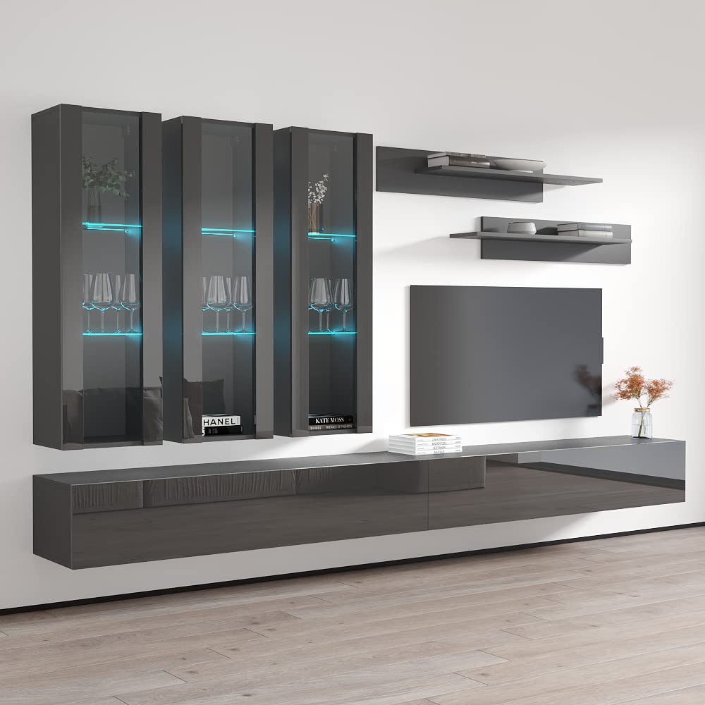 Modern Wall-Mounted TV Stand with Storage & LED Lights - Fly E3 Entertainment Center Console for Bedroom & Living Room - Space-Saving Gray TV Cabinet with Shelves - Perfect for Small Spaces & Home Theater Setup