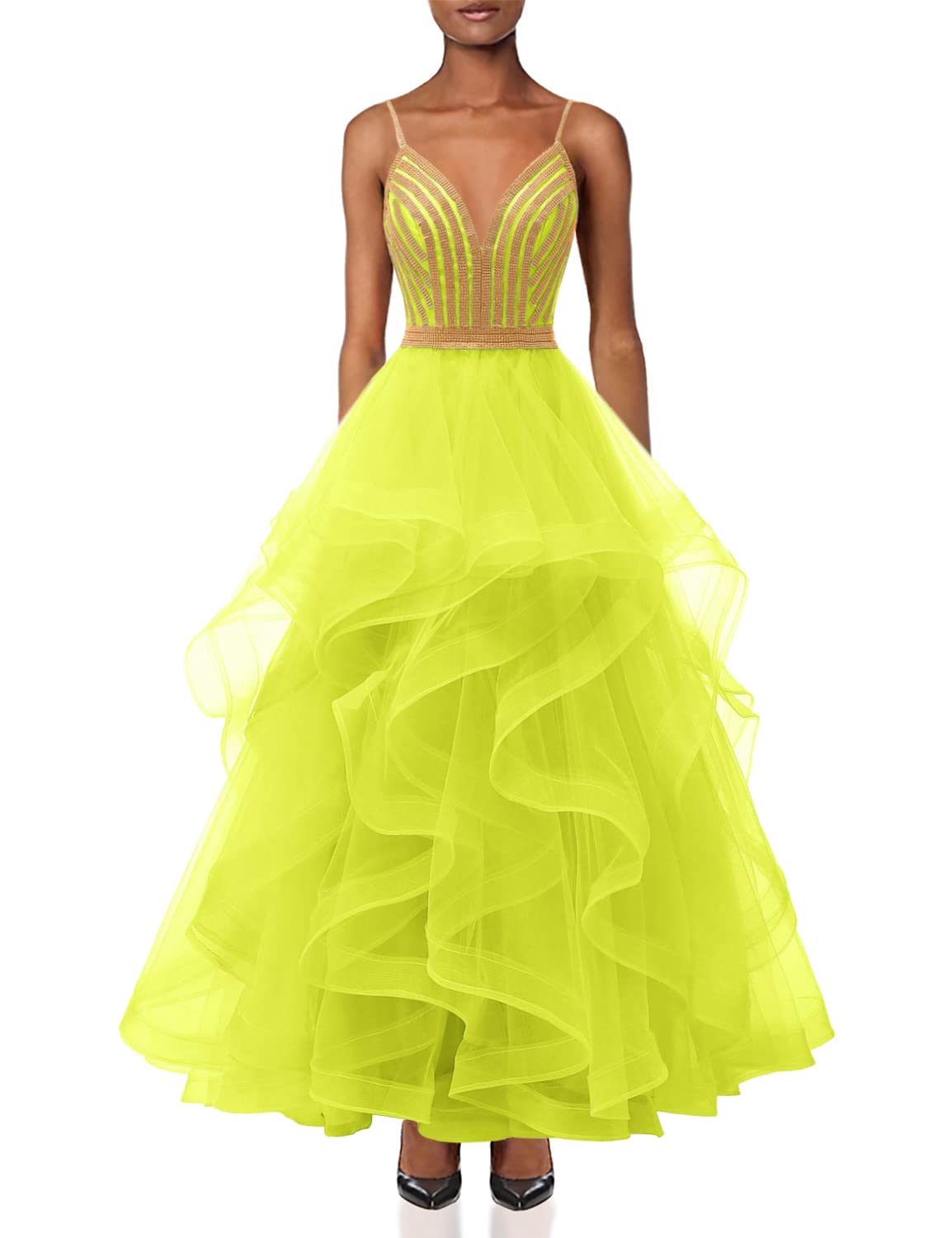 Chupeng Women's Gold Crystal Tiered Tulle Prom Dress - Elegant Spaghetti Strap Long Formal Evening Gown for Cocktail Party, Homecoming, Wedding & Special Occasions