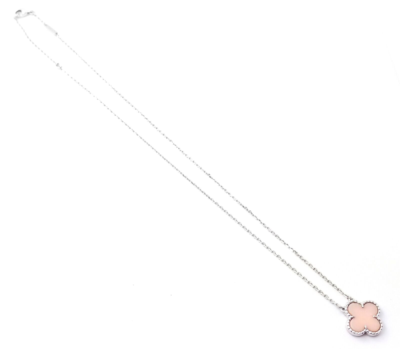 Authentic Van Cleef & Arpels Alhambra 18k White Gold Pink Opal Pendant Necklace - Luxury Jewelry for Women, Perfect for Weddings, Anniversaries & Special Occasions