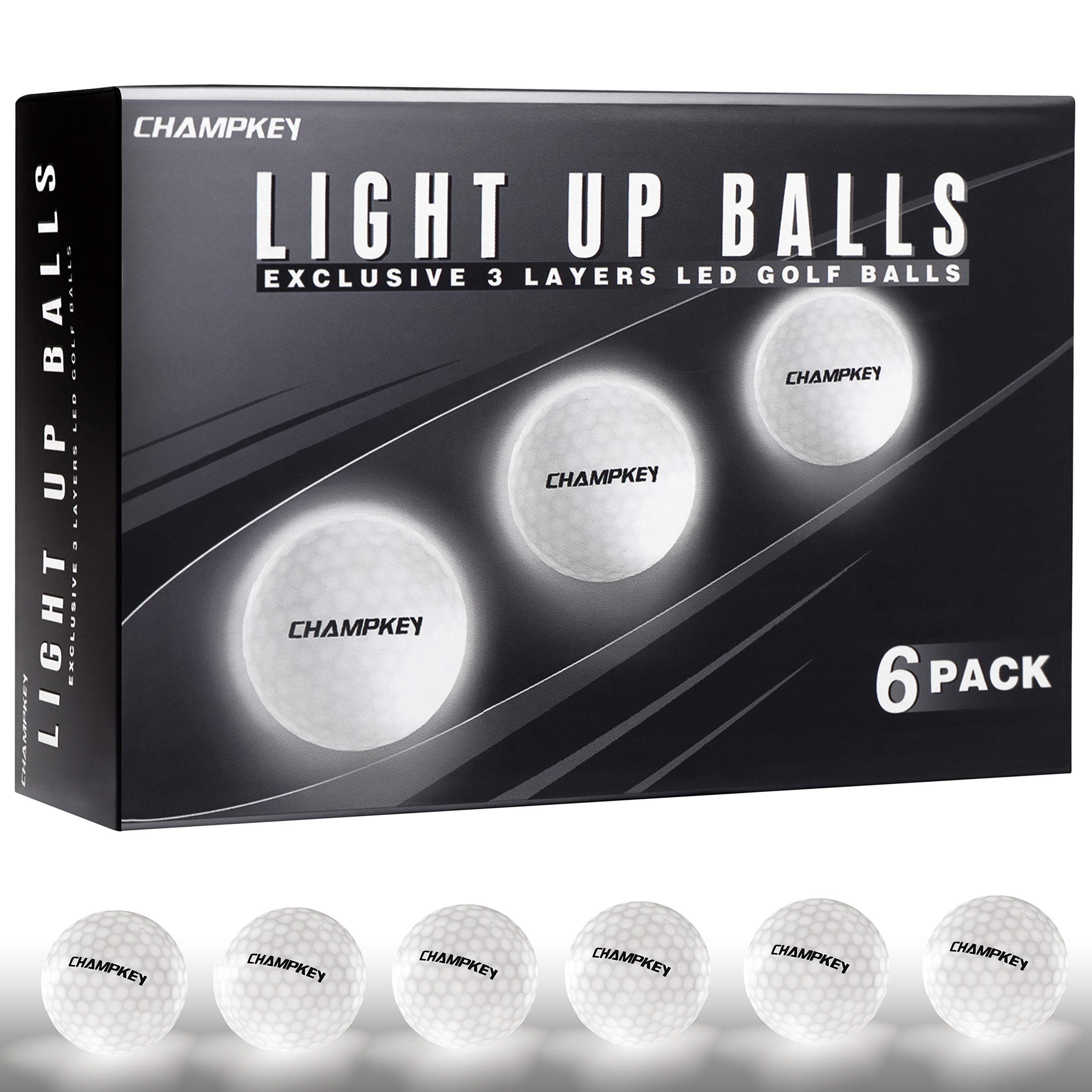 Champkey Premium Glow Golf Balls 6 Pack - Long Lasting LED Light Up Golf Balls (70+ Hours) with 10-Minute Auto Timer - Perfect for Night Golf, Backyard Practice & Outdoor Activities