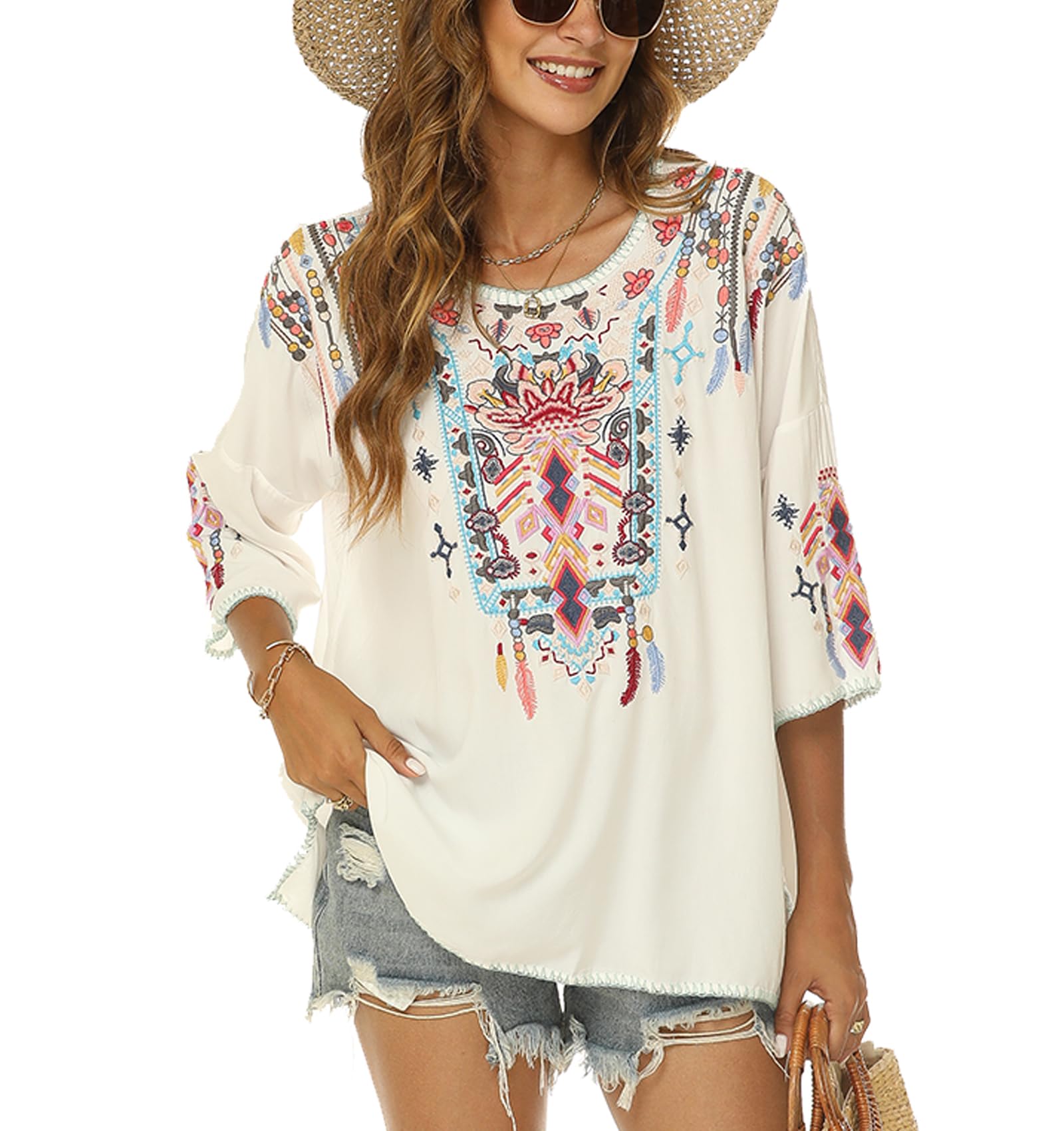 Higustar Mexican Embroidered Tops for Women | Traditional Boho Tunic Shirt | Plus Size Bohemian Blouse | Peasant Style Embroidered Clothing | Perfect for Music Festivals, Beach Vacations & Boho Fashion Outfits