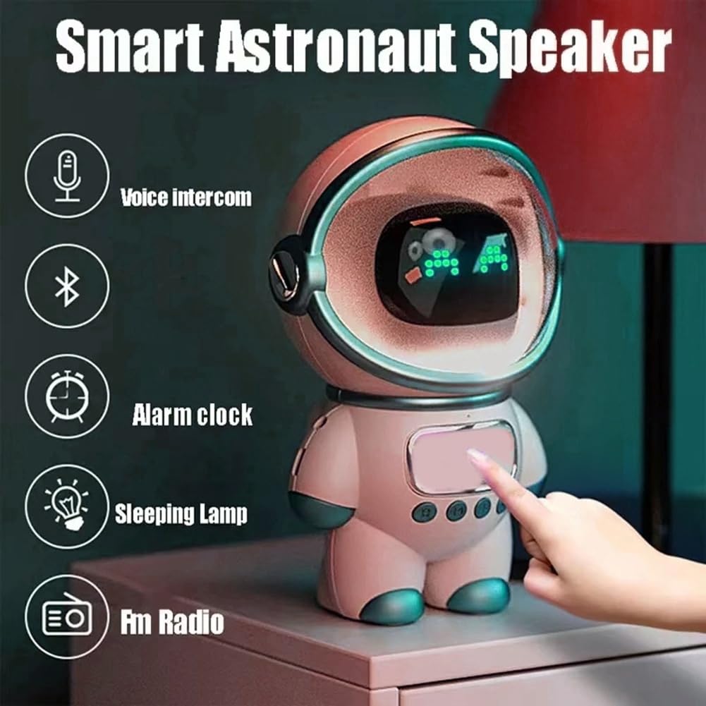 Smart Astronaut Bluetooth Speaker - Portable Wireless Speaker with AI Voice Assistant, Alarm Clock, FM Radio & TF Card Support - Pink Desktop Speaker for Home, Office & Travel