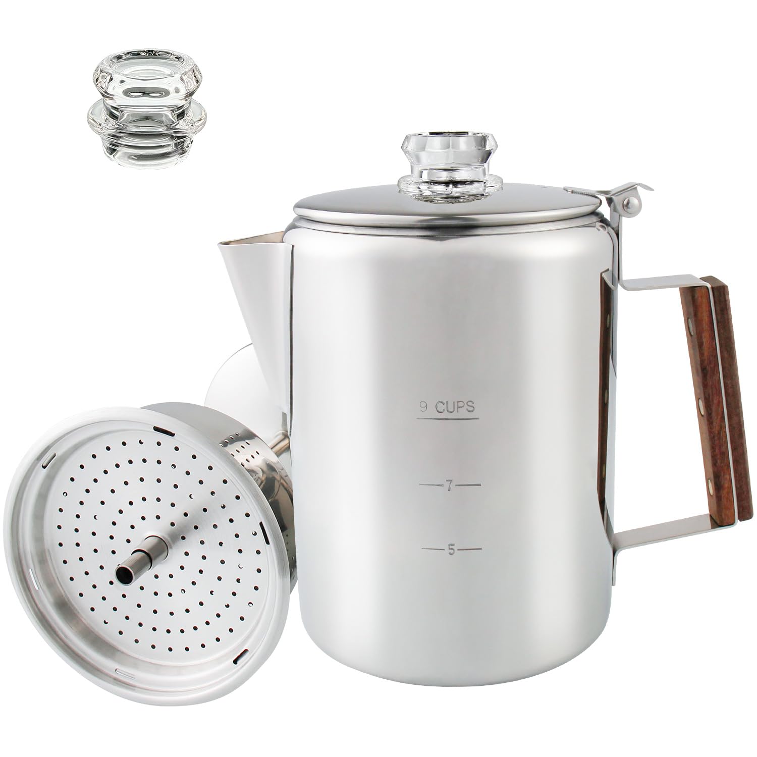 **Stainless Steel Camping Coffee Percolator - 9 Cup Stovetop Coffee Maker with Heat-Resistant Glass Knob for Outdoor Travel, Hiking & RV Trips - Aluminum-Free & Plastic-Free Design**    *(Use for camping, backpacking, RV adventures, picnics, and home brewing on gas/electric stoves.)*