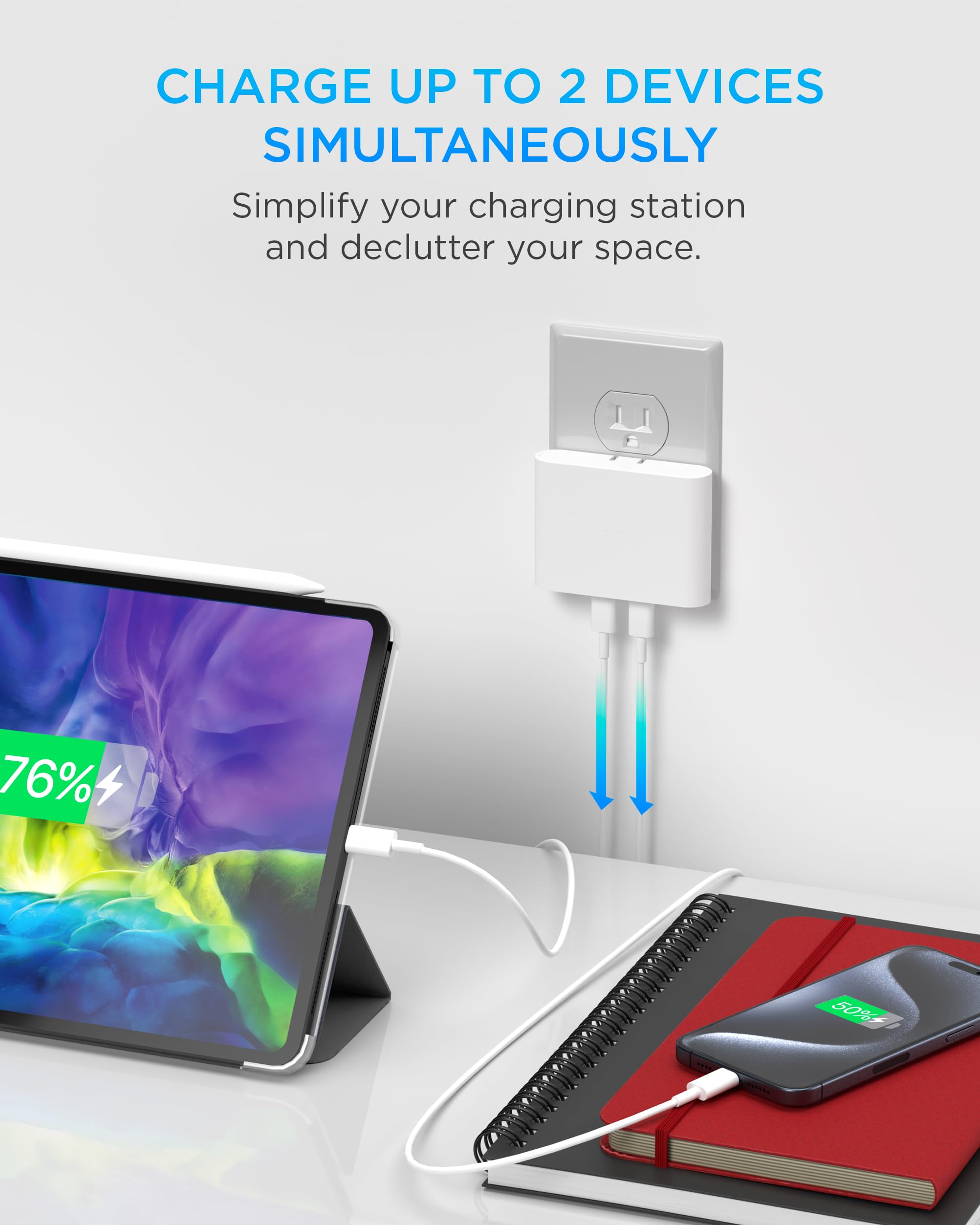 iHome 36W Dual USB-C Fast Charger Block - 2-Port Flat Wall Charger for iPhone 15/14/13, Samsung Galaxy, iPad Pro & More | Compact Travel Charger for Home, Office & Hotel Use
