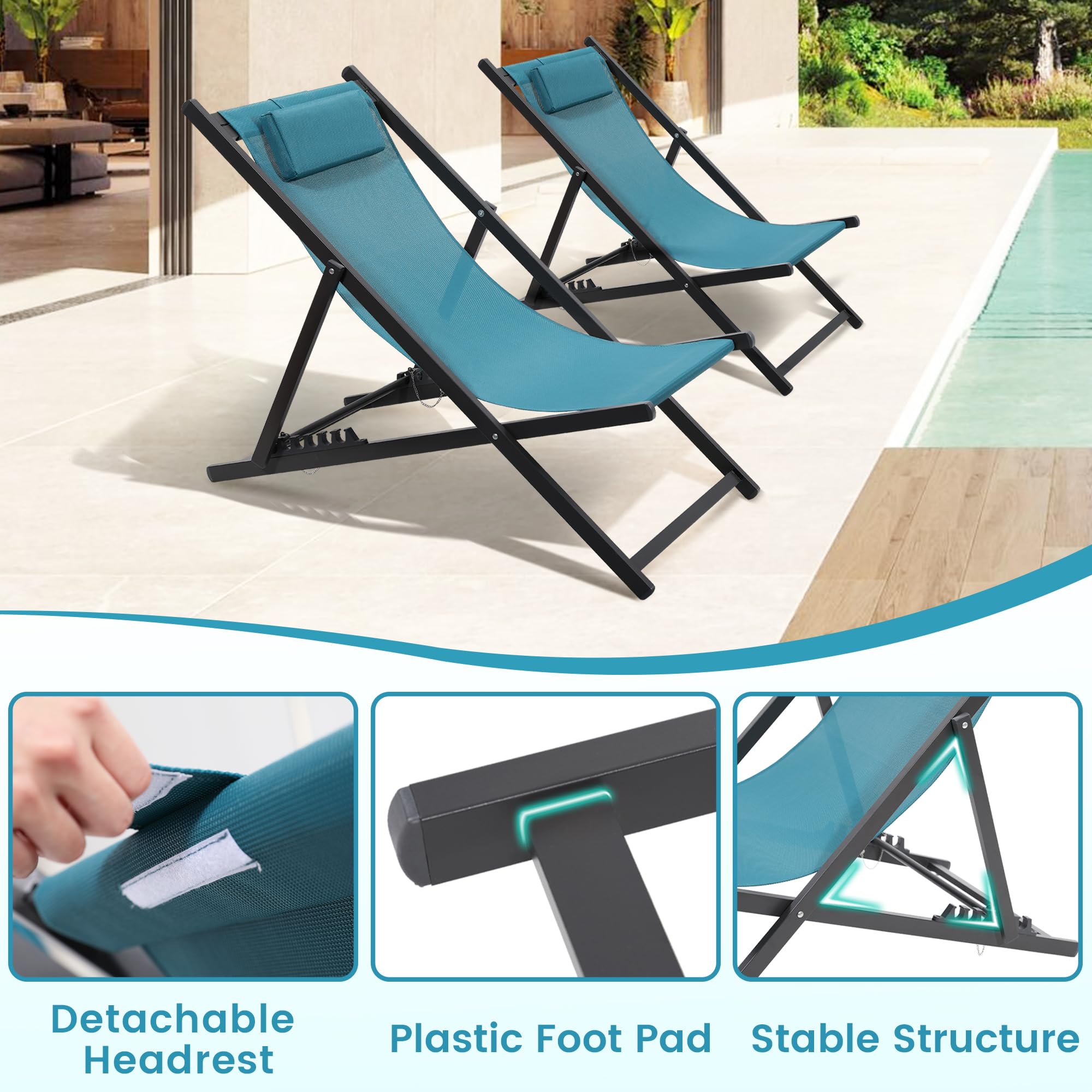 2 Pack UV-Resistant Waterproof Outdoor Patio Sling Chairs - Lightweight Foldable Aluminum Frame - Perfect for Backyard, Poolside, Beach & Garden Relaxation - Blue