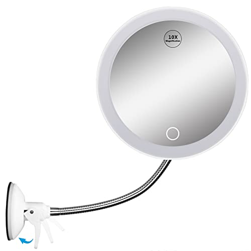 10X Magnifying Mirror with LED Lights - Adjustable Gooseneck Vanity Mirror with Powerful Suction Cup for Makeup, Skincare & Shaving - Perfect for Bathroom, Bedroom & Travel