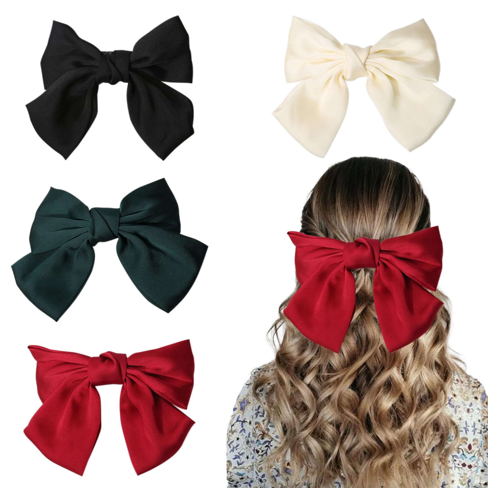 ZOCONE 4 Pack Large Women's Hair Bow Clips - Soft Satin French Style Hair Accessories in Green, Black, Red & White | Perfect for Weddings, Parties, Prom & Everyday Fashion
