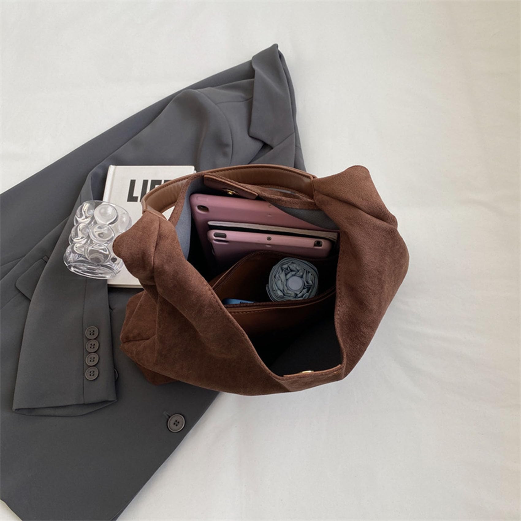Jeeeun Brown Suede Handbag for Women - Soft Leather Tote Purse with Adjustable Strap, Stylish & Durable Suede Shoulder Bag - Perfect for Work, Travel & Everyday Use