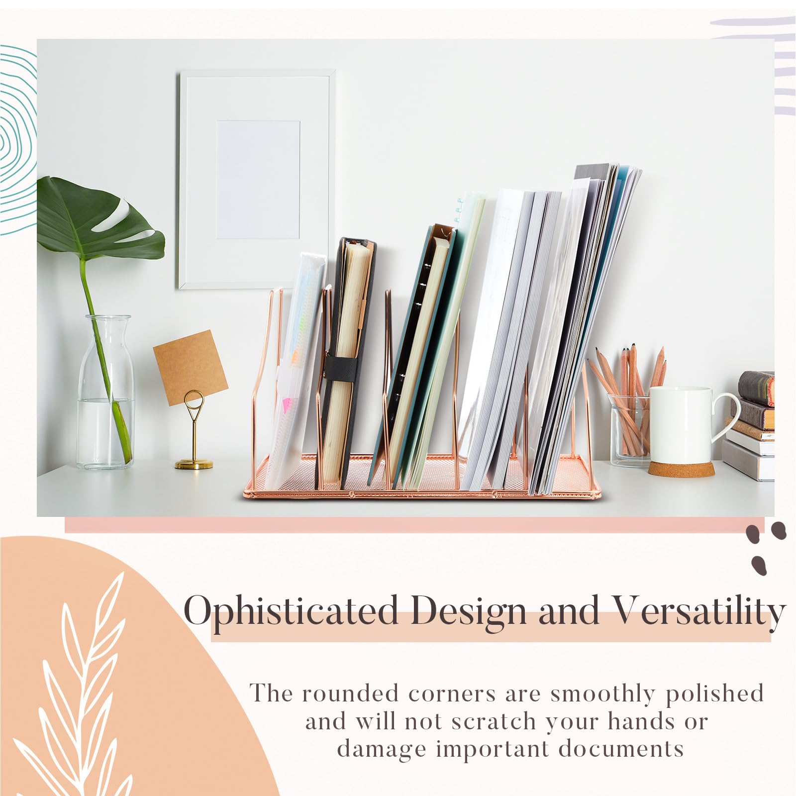 2-Pack 5-Slot Wire File Organizer & Magazine Holder - Rose Gold Desktop File Sorter for Office, Home, or School - Perfect for Desk Organization, Paper Storage, and Document Management
