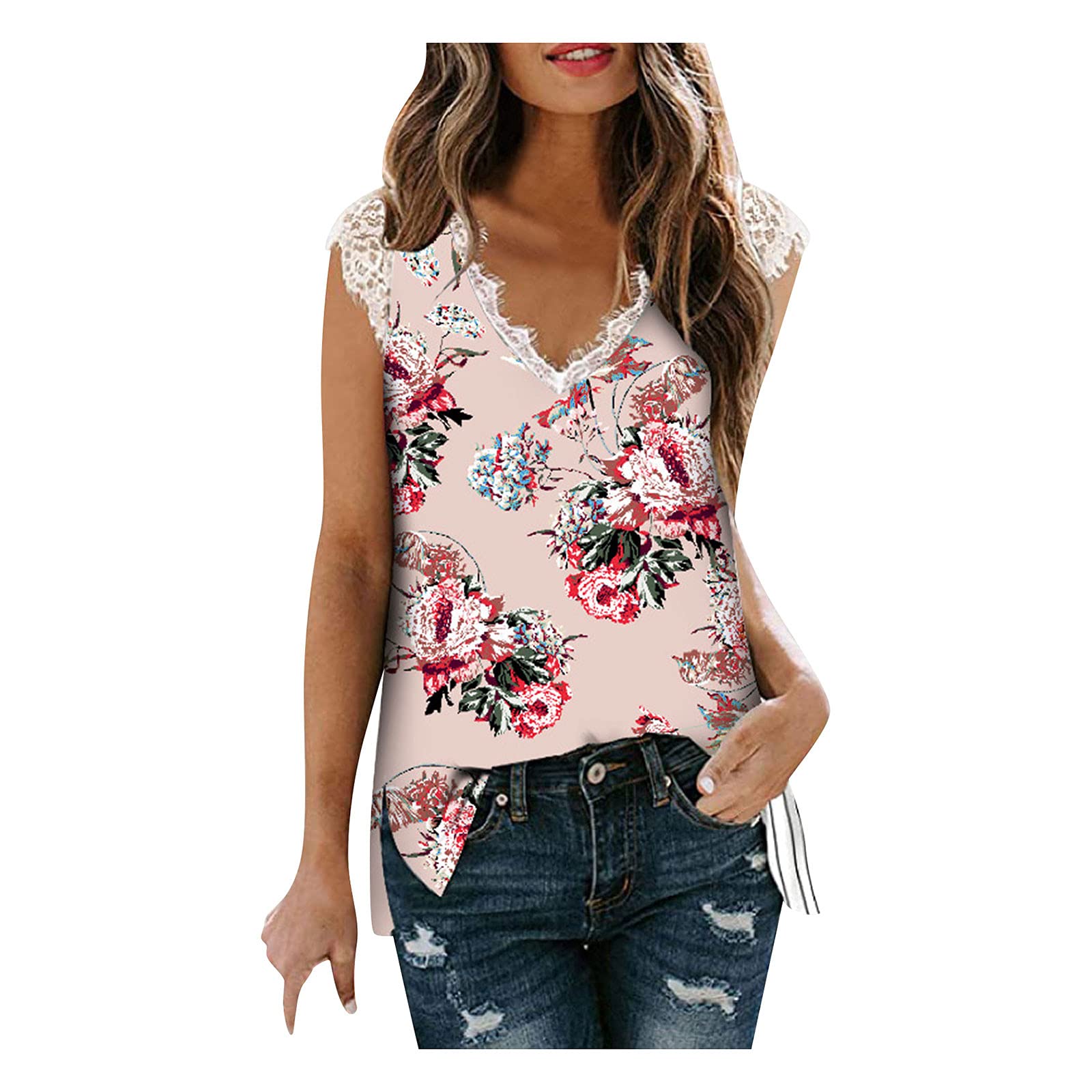Women's V Neck Lace Tank Tops - Summer Sleeveless Blouses & Camisoles, Loose Fit Side Split Tunic Tshirts | Casual Wear for Beach, Yoga & Everyday Outfits