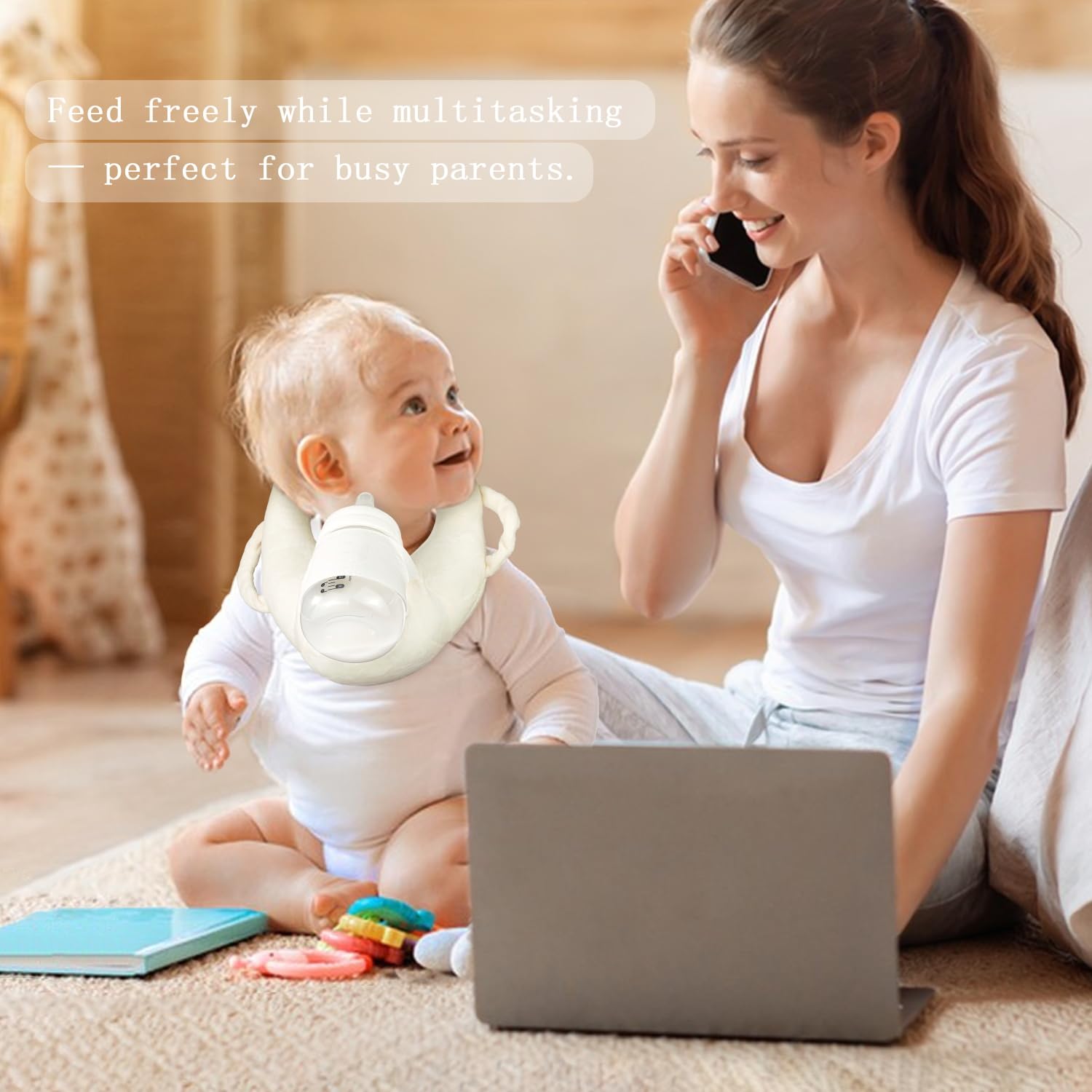 2 Pack Adjustable Baby Bottle Holder - Hands-Free Self Feeding Pillow for Twins, Beige | Perfect for Travel, Nursing, and Toddler Mealtime