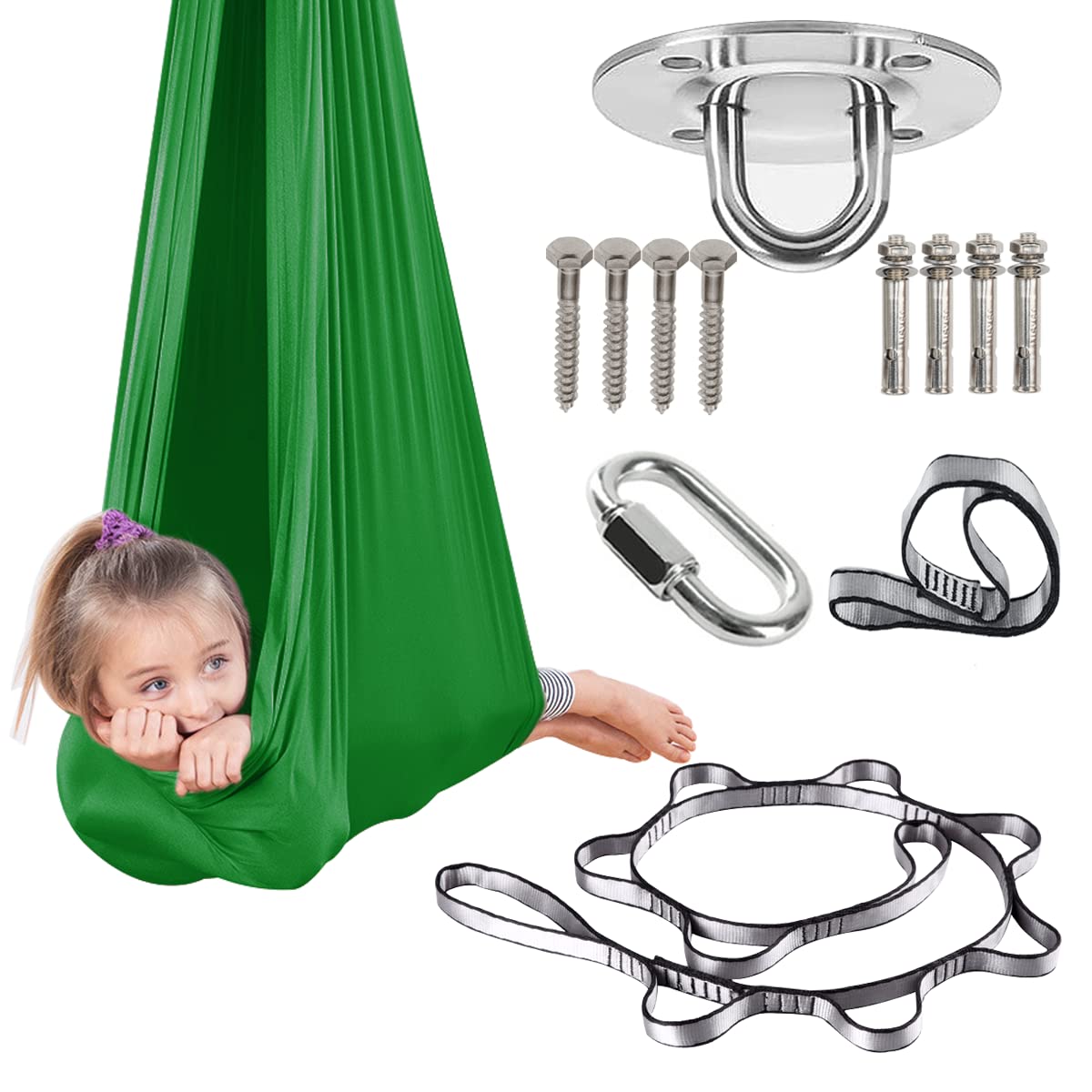 Therapeutic Sensory Swing for Kids & Adults - Indoor/Outdoor Hammock with Calming Effect for ADHD, Autism & Special Needs - Dark Green (59