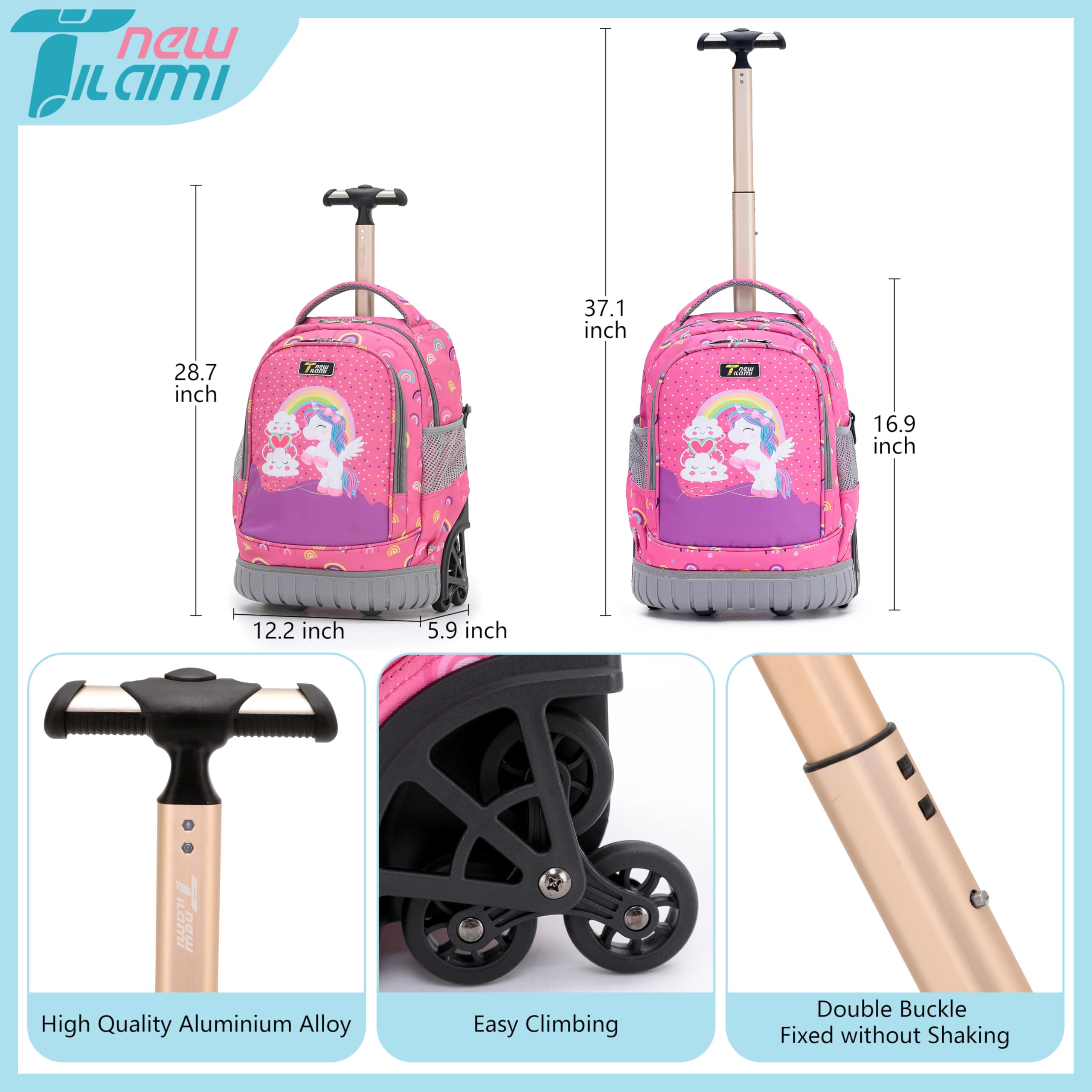 TILAMI 16 Inch Rolling Backpack for Kids - Adjustable Wheeled Laptop Backpack for Boys & Girls, School, Travel, Camping - Rainbow Unicorn Design | Perfect for Daily Commute, Weekend Trips & Outdoor Adventures
