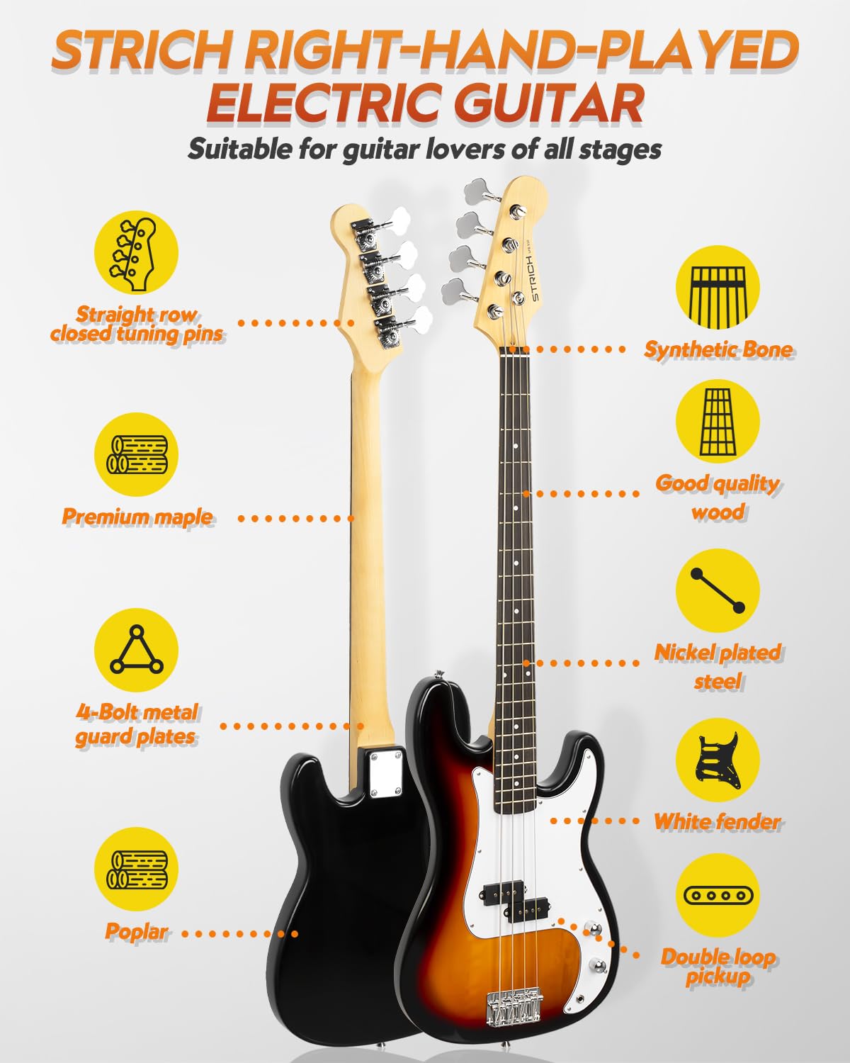 STRICH 4-String Electric Bass Guitar Full Size Beginner Kit - PB-Style Standard Bass with 20W Amp, Gig Bag, Tuner, Strap & Cable (SPB-S10 Sunburst) - Perfect for Beginners, Practice Sessions & Live Performances