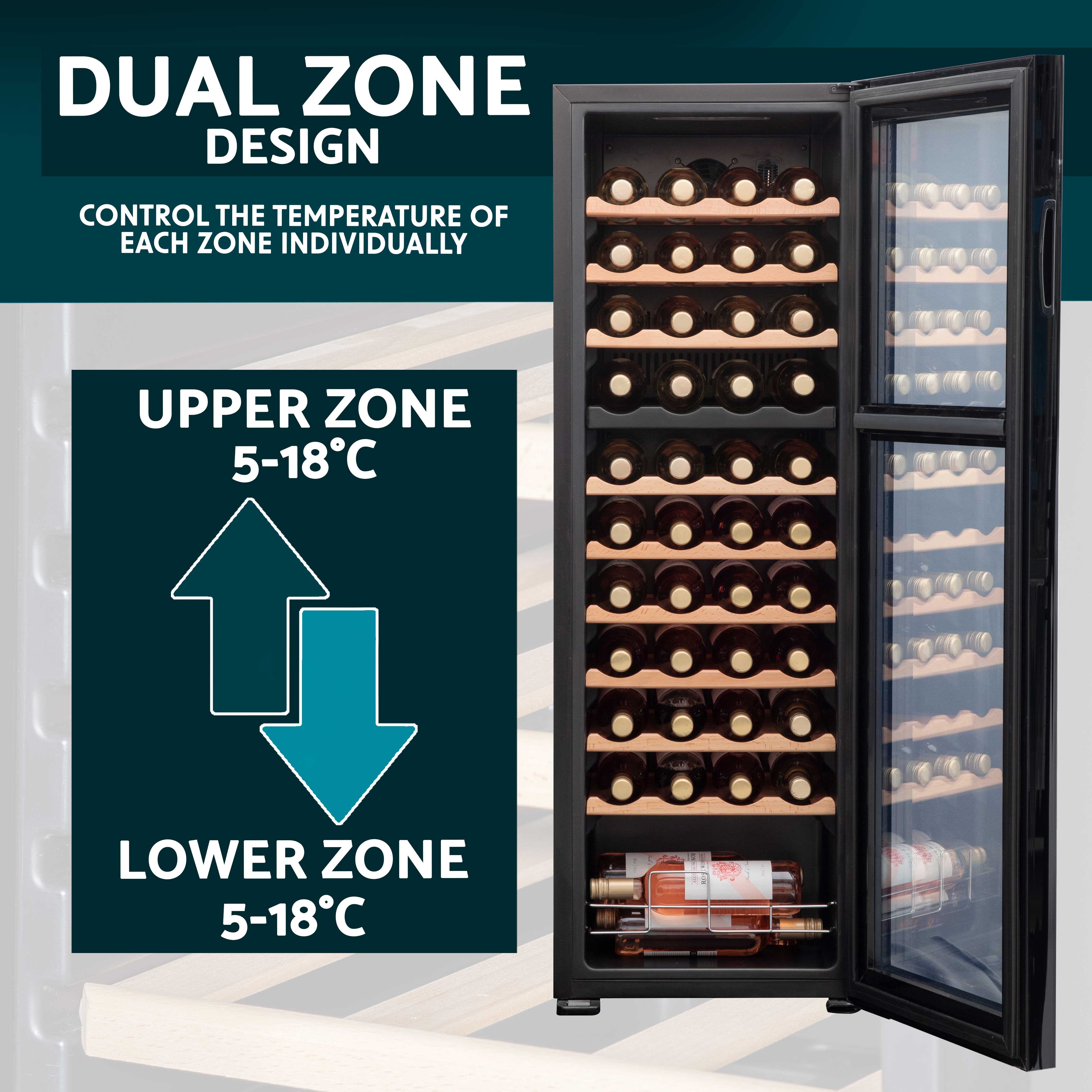 Baridi 44 Bottle Dual Zone Wine Cooler Refrigerator with Touch Screen Controls & Wooden Shelves - Perfect for Home, Office, or Restaurant Wine Storage