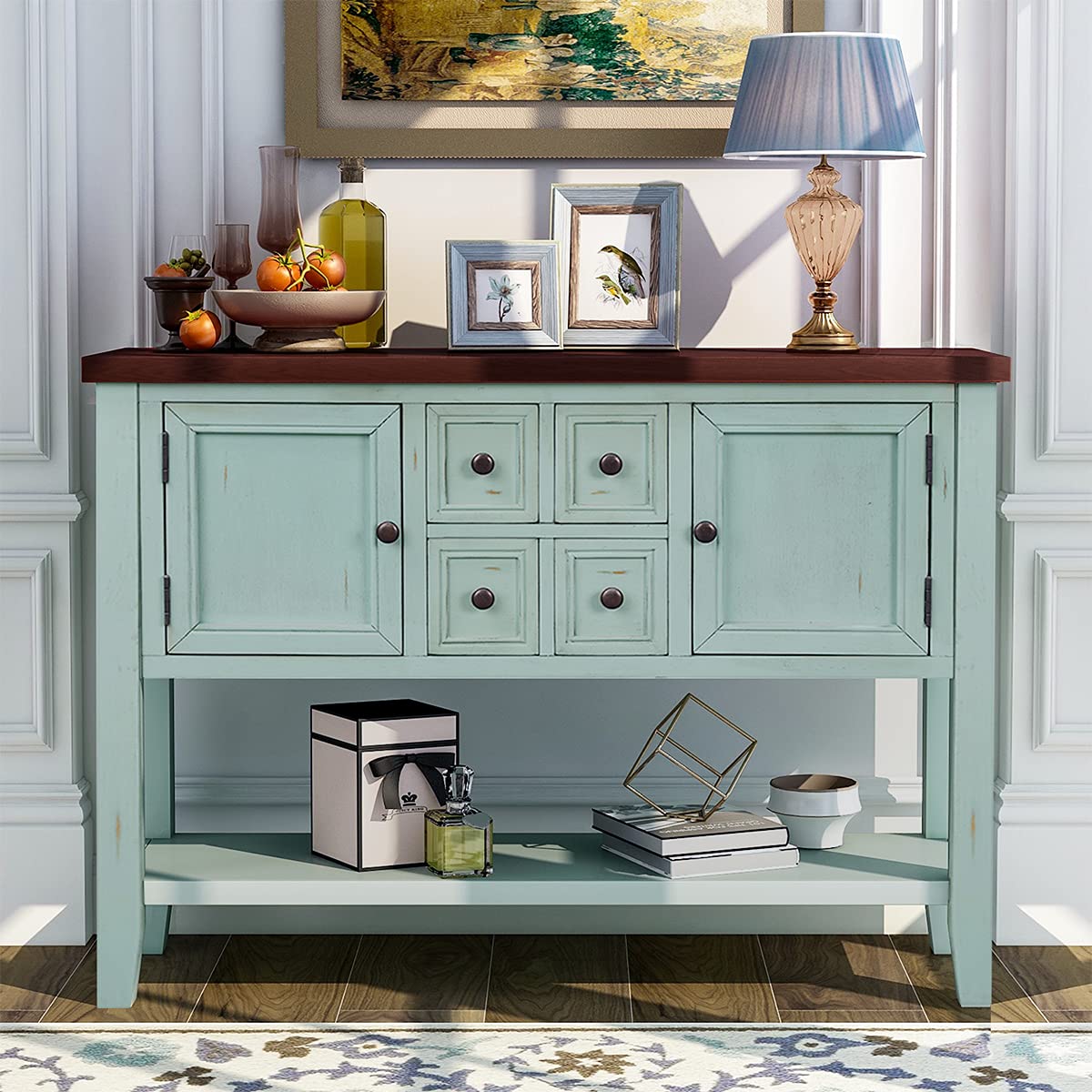 Gelsey Buffet Sideboard - Solid Wood Console Table with 4 Drawers, 2 Cabinets & Bottom Shelf | Storage Cabinet for Kitchen, Entryway, Hallway & Living Room | Retro Blue Vintage Style Furniture for Dining Room Storage & Home Organization