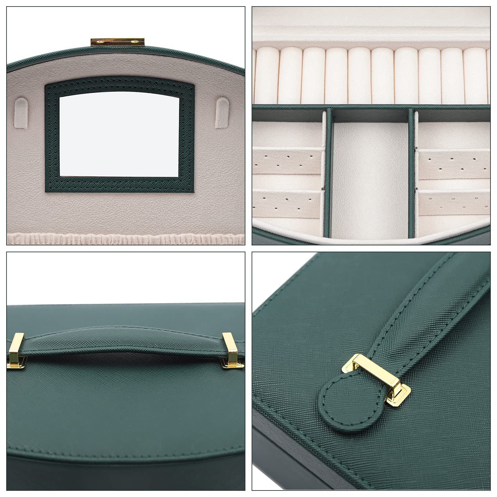 DYRABREST 2-Layer Wooden Jewelry Organizer Box with Mirror & Ring Tray - Earring, Necklace, Bracelet Display and Storage Case for Women (Green) - Perfect for Bedroom, Travel, and Gift Giving