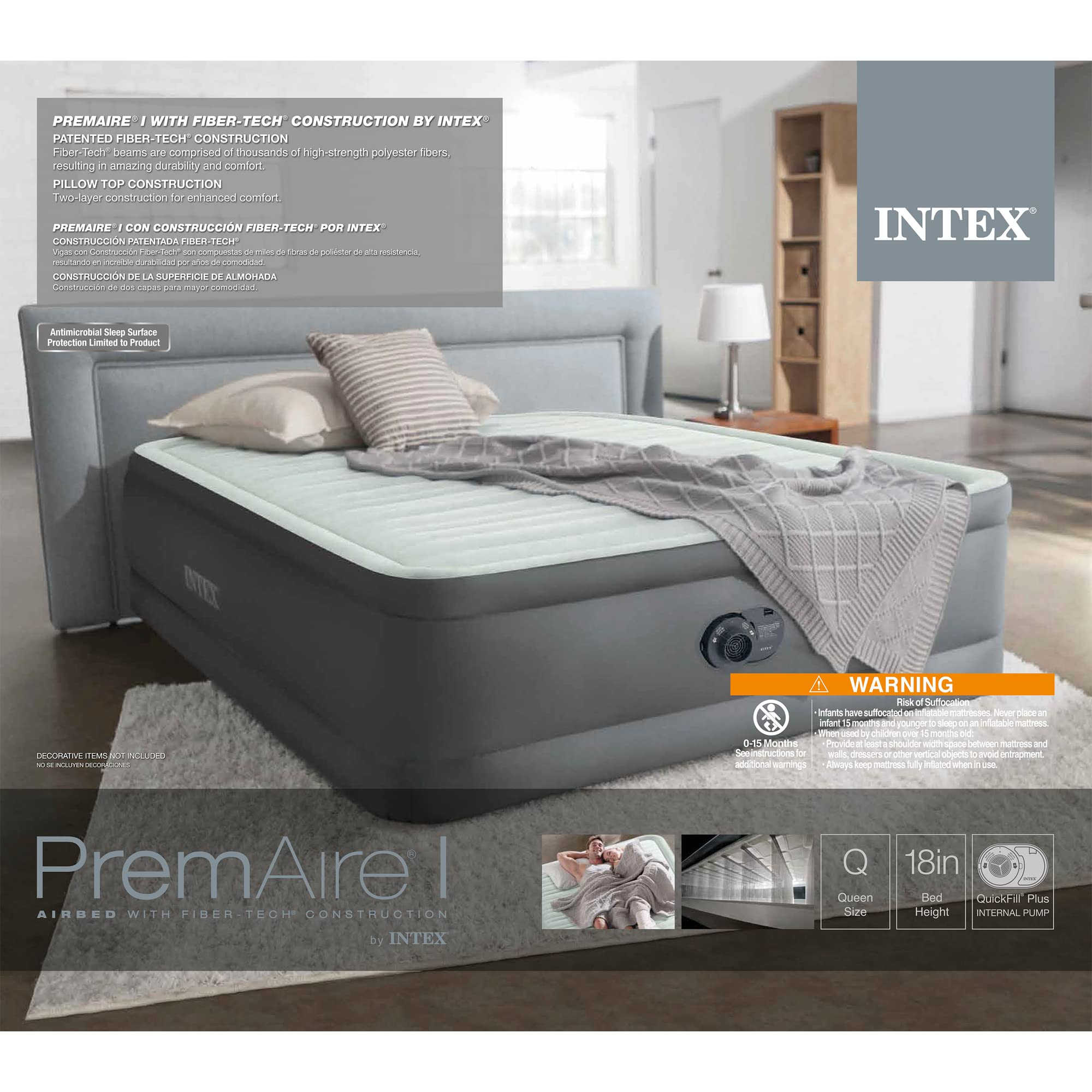 Intex PremAire I Fiber-Tech Elevated Dura Beam Lightweight Inflatable Air Mattress with Built-in Electric Pump & Carry Bag - Queen Size for Home, Camping & Guest Room Comfort