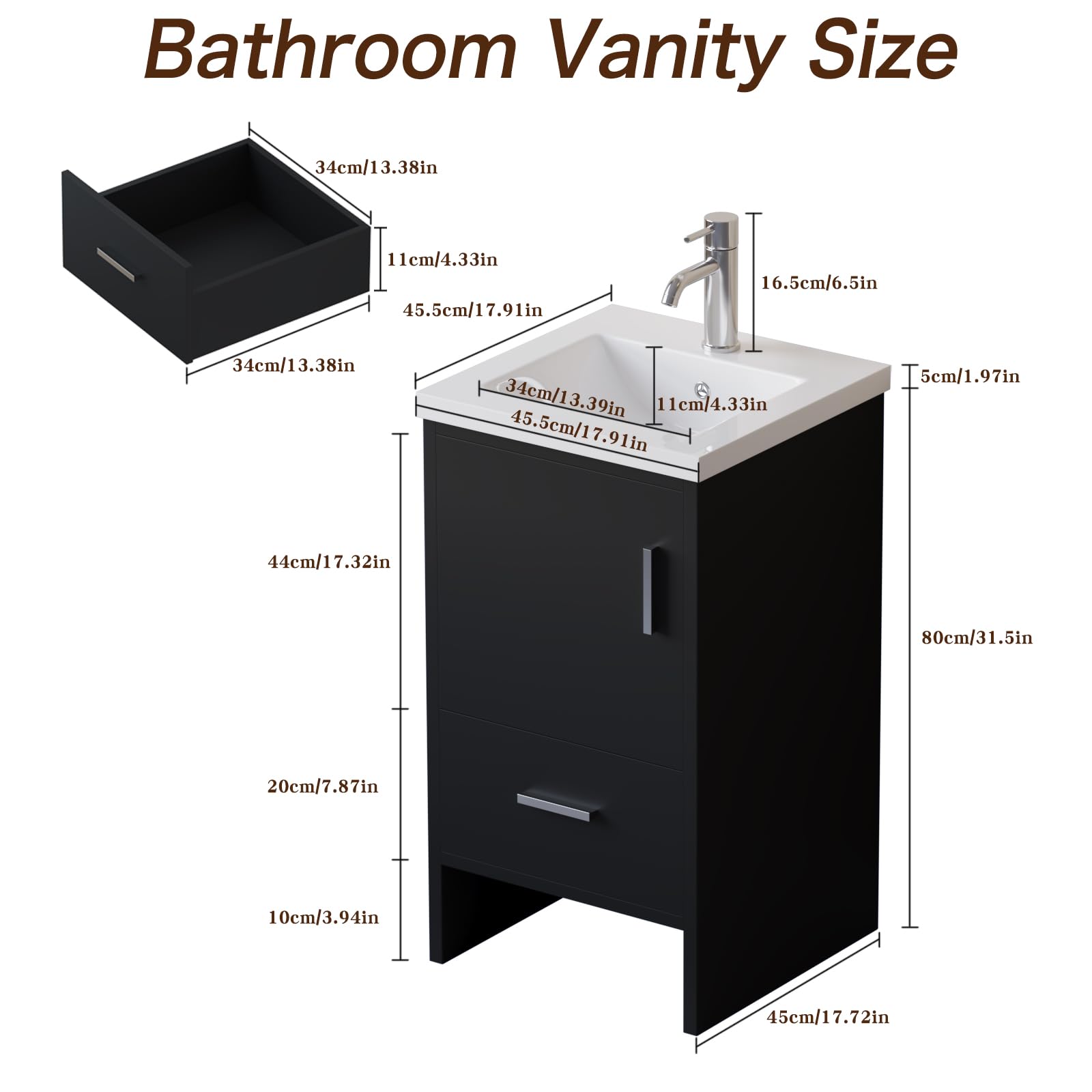 18 Inch Modern White Bathroom Vanity Set with Undermount Resin Sink - MDF Wood Cabinet & Black Countertop for Small Bathroom Remodel, Powder Room Upgrade or Master Bath Makeover