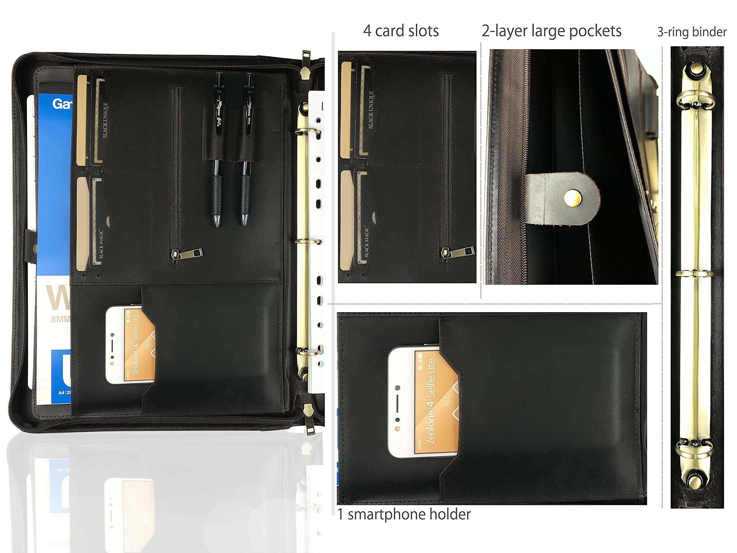 Premium Genuine Leather Portfolio for Men - Personalized Zipper Padfolio with 3-Ring Binder, Fits 13
