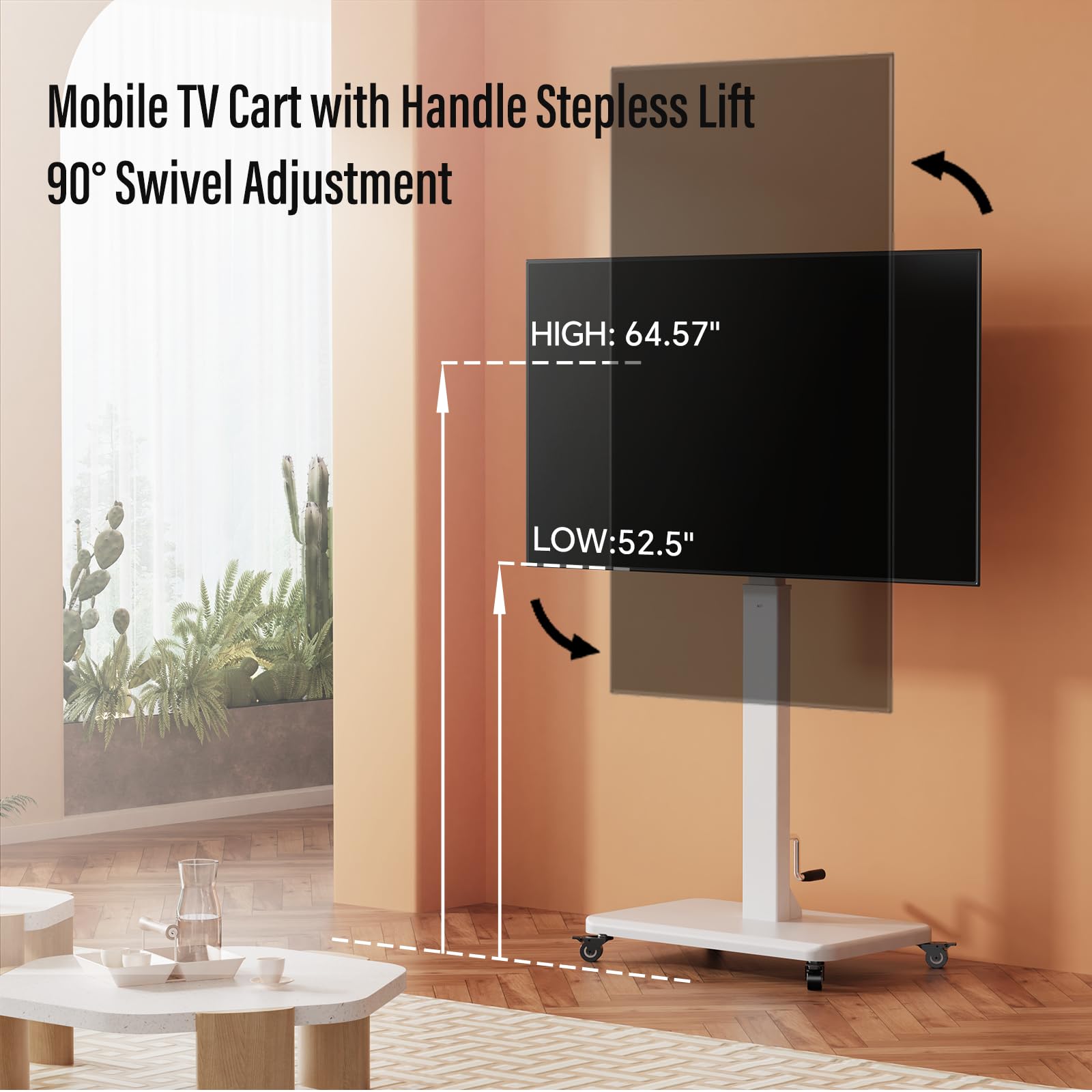 Adjustable Mobile TV Cart with Wheels - Stepless Lift Rolling Stand for 42-75 Inch TVs, 90° Rotation (Portrait/Landscape), 110lbs Capacity, Max VESA 600x500mm - Perfect for Living Rooms, Bedrooms & Home Theaters (White)