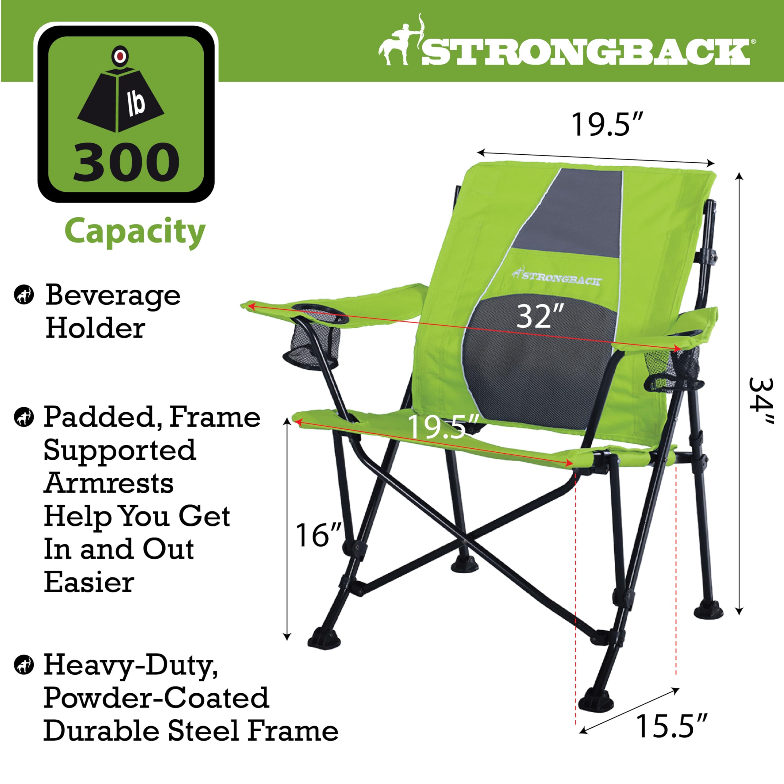 STRONGBACK Heavy Duty Camping Chair with Lumbar Support - Portable Folding Backpack Chair for Outdoor Adventures - Perfect for Hiking, Beach, Picnics & Backyard Relaxation - Lime Green