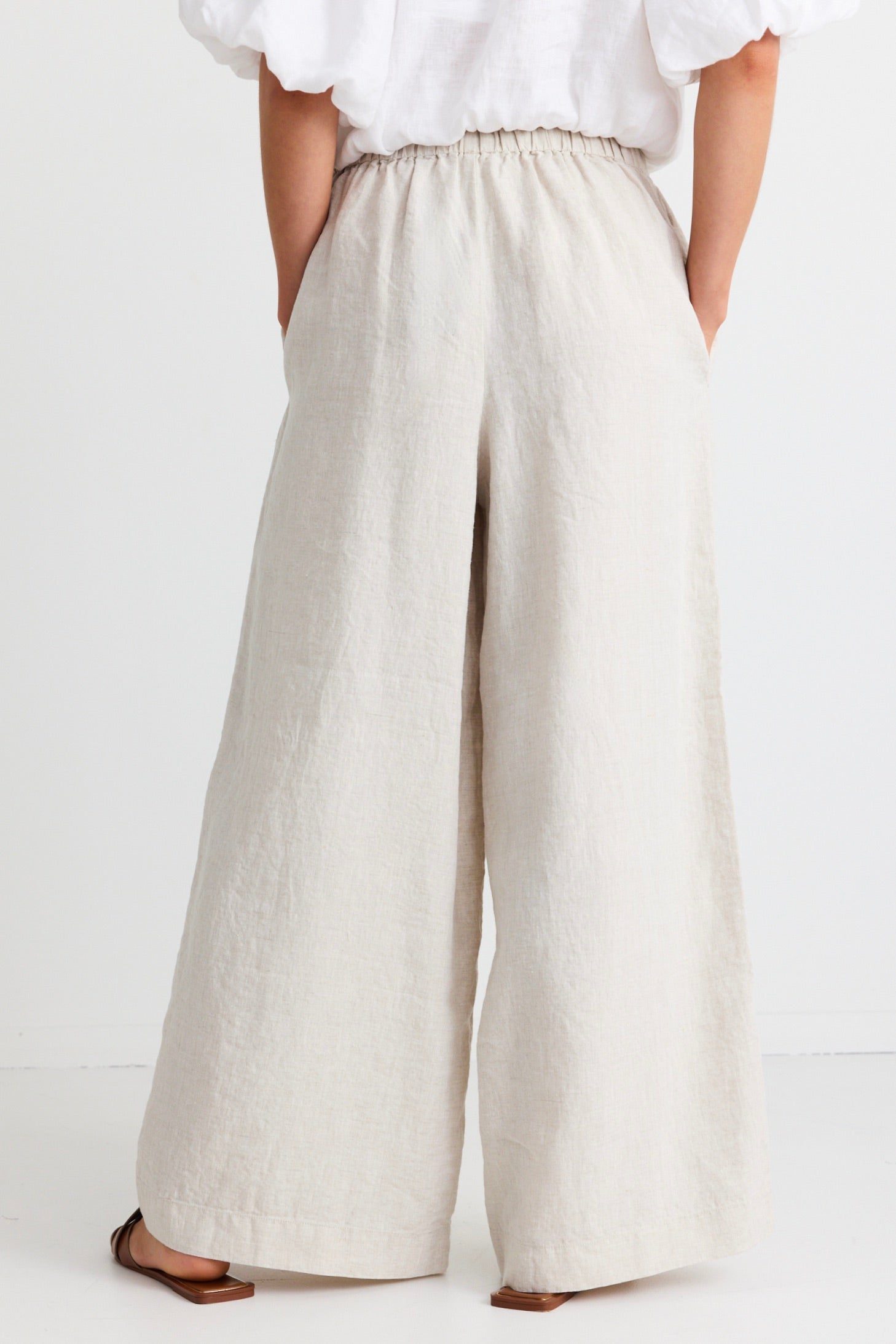 Resort Natural Linen Tie Waist Pull On Wide Leg Pants for Women - Comfortable Summer Beach Vacation & Casual Wear