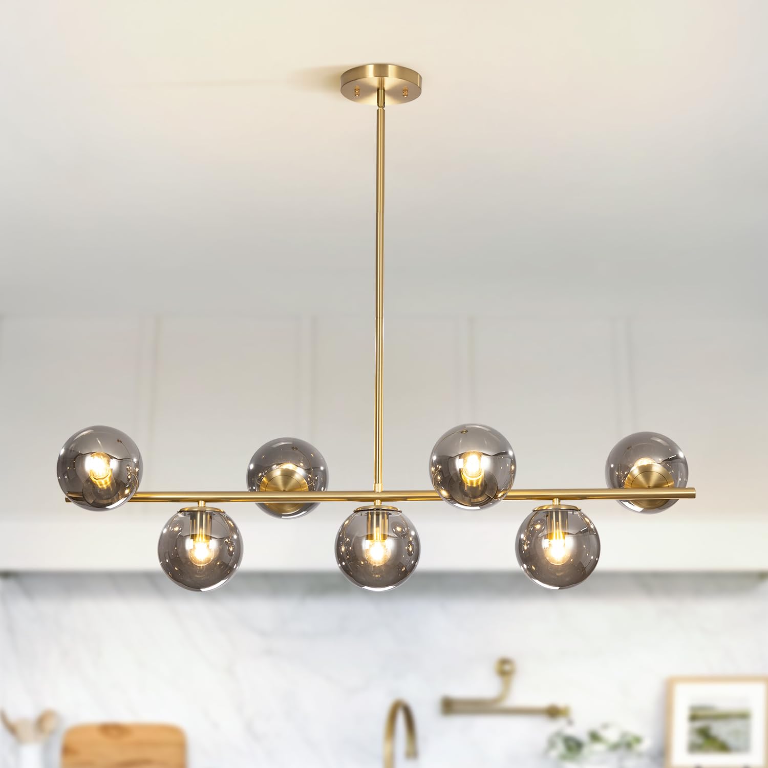Mid Century Modern Brass Linear Chandelier with Smoke Glass Pendant - Large Gold Globe Chandelier for Dining Room Lighting | Perfect for Contemporary Dining Rooms, Kitchens & Entryways