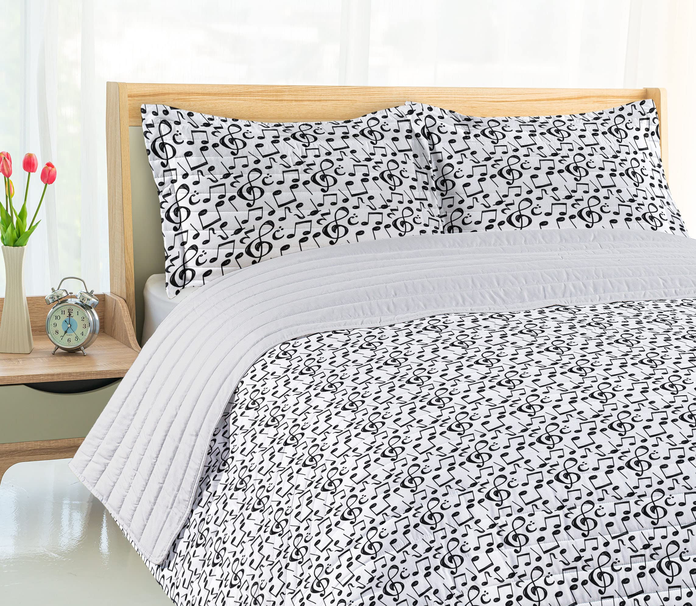 Ambesonne Music Themed Microfiber Bedspread Set - Black and White Musical Notes & Melody Design | King Size Soft Bedding with Pillow Shams & Comforter | Perfect for Music Lovers' Bedroom Decor, Guest Rooms & Dorm Rooms