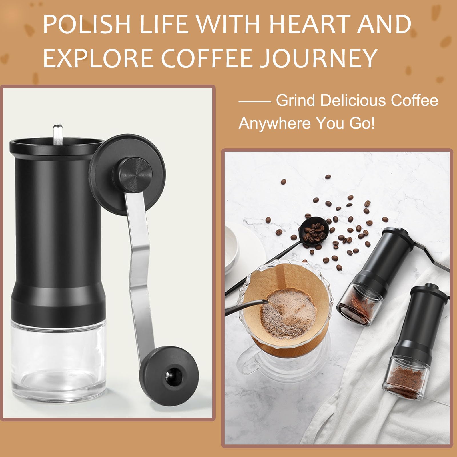 Premium Manual Coffee Grinder with Ceramic Burr - Adjustable Coarse to Fine Grind Settings, Portable Spice & Coffee Mill with Cleaning Brush - Perfect for Home Brewing, Travel, Camping & Outdoor Adventures
