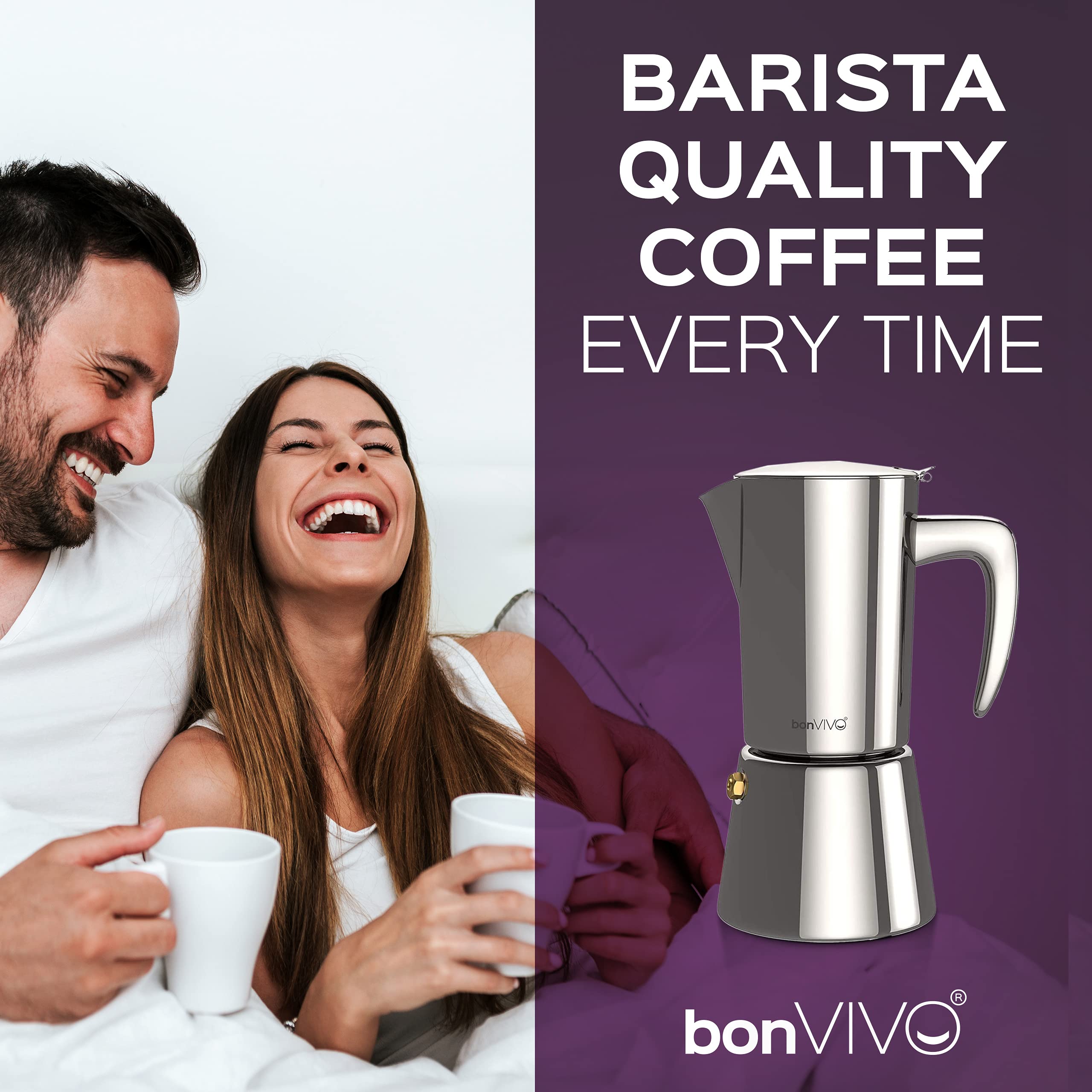 bonVIVO Intenca Stovetop Espresso Maker - Premium Stainless Steel Italian Moka Pot for Rich Coffee - 6 Cup Capacity (10oz) - Perfect for Camping, Home & Office Use - Durable Copper Finish