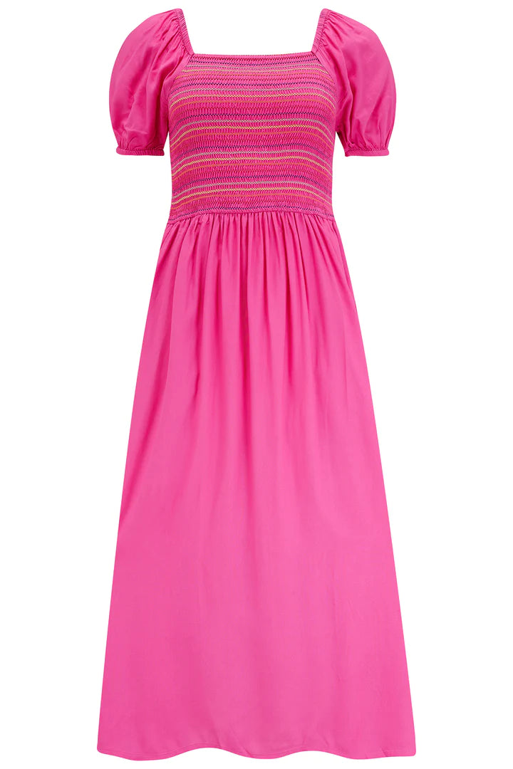 Octavia Midi Shirred Dress - Dark Pink Rainbow Shirring | Flowy Summer Dress for Women | Perfect for Beach Vacations, Date Nights & Brunch Outings