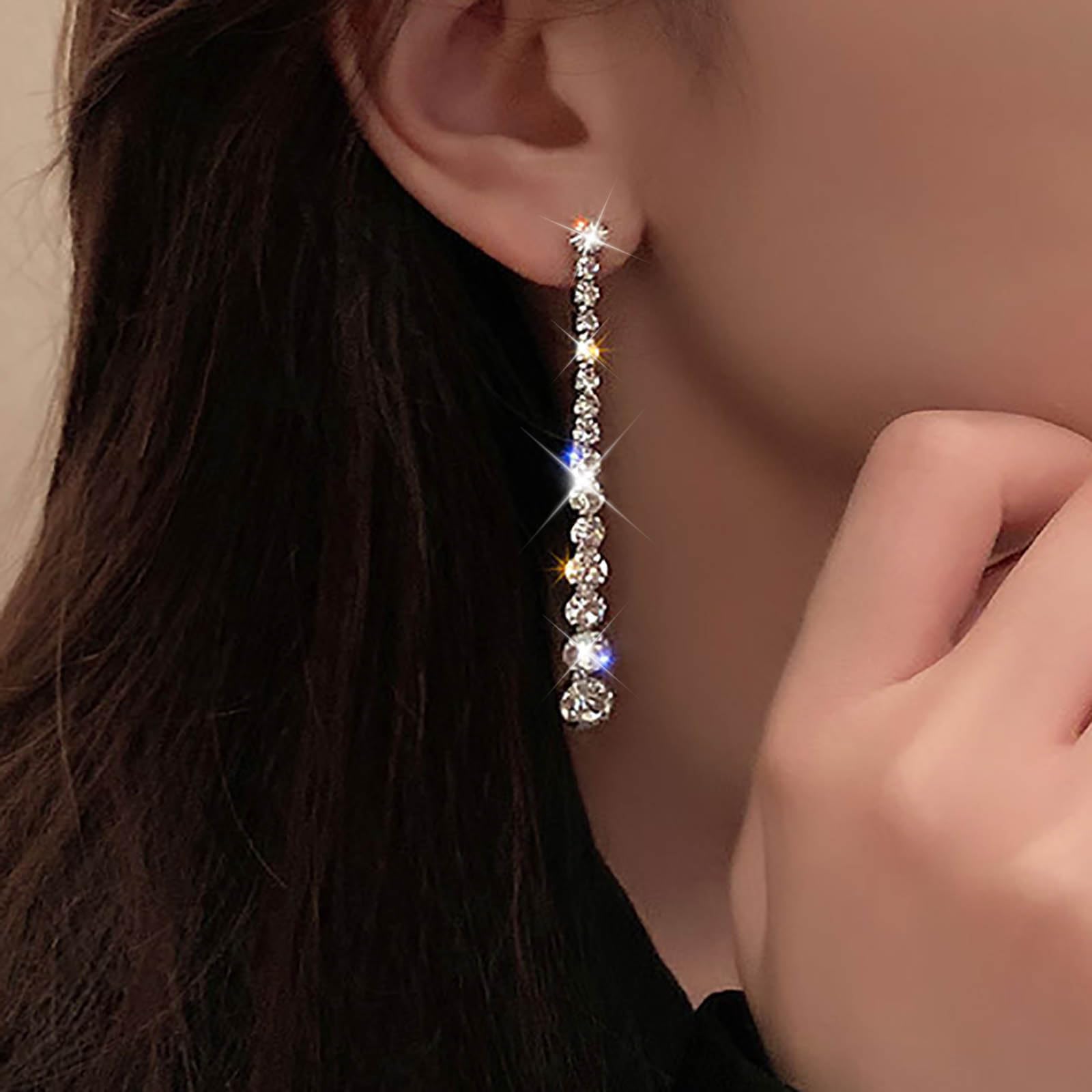 Sparkly Rhinestone Chandelier Earrings for Women - Silver Crystal Drop Dangle Earrings with Long Tassel Chain, Wedding/Bridal Jewelry (Perfect for Parties, Prom, Evening Events & Special Occasions)