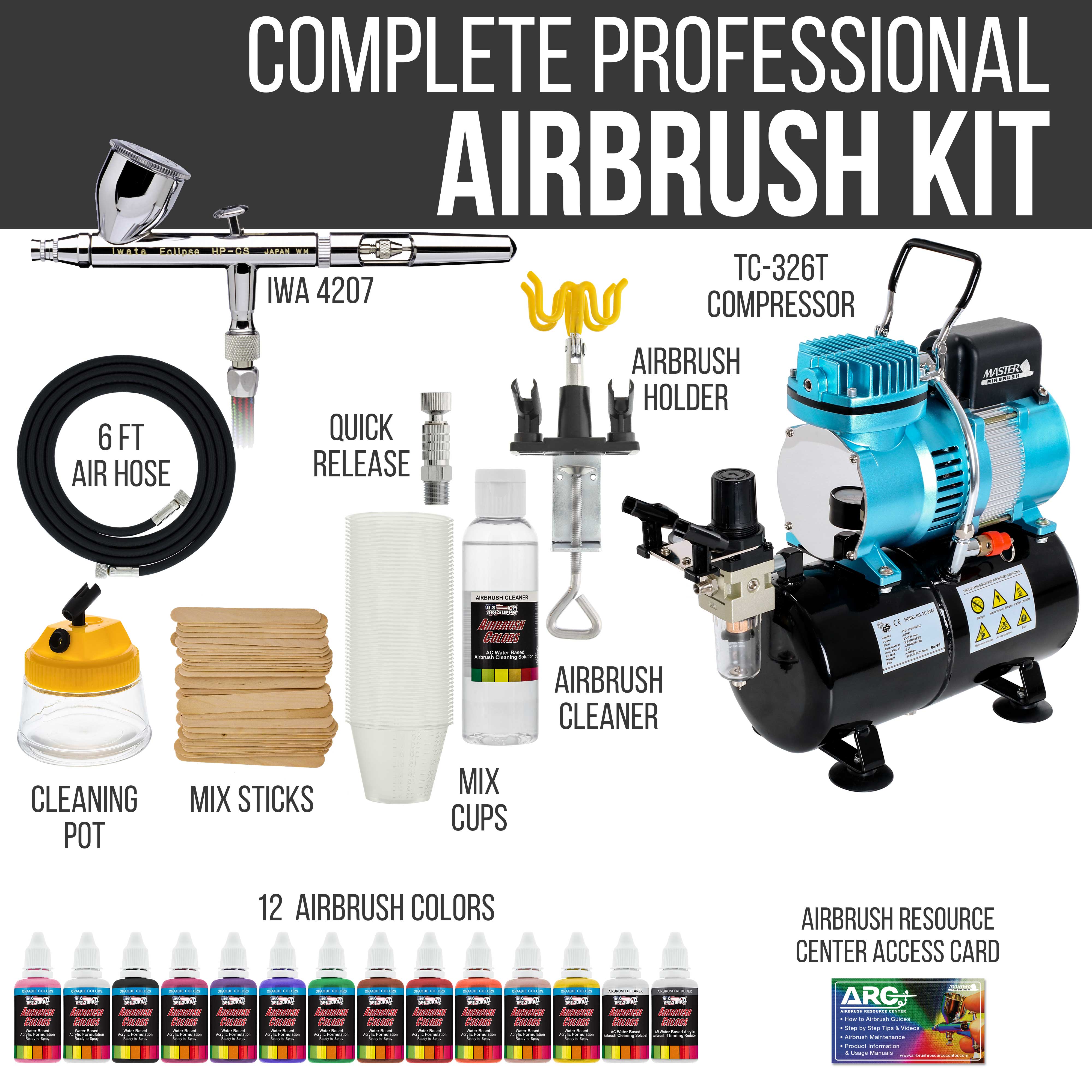 Eclipse HP CS Airbrush Kit with Cool Runner II Dual Fan Air Tank Compressor - Professional Airbrush Set Includes 12 Colors Paint, Hose, Holder, Cleaning Pot & Mixing Cups - Perfect for Model Painting, Cake Decorating & T-Shirt Art