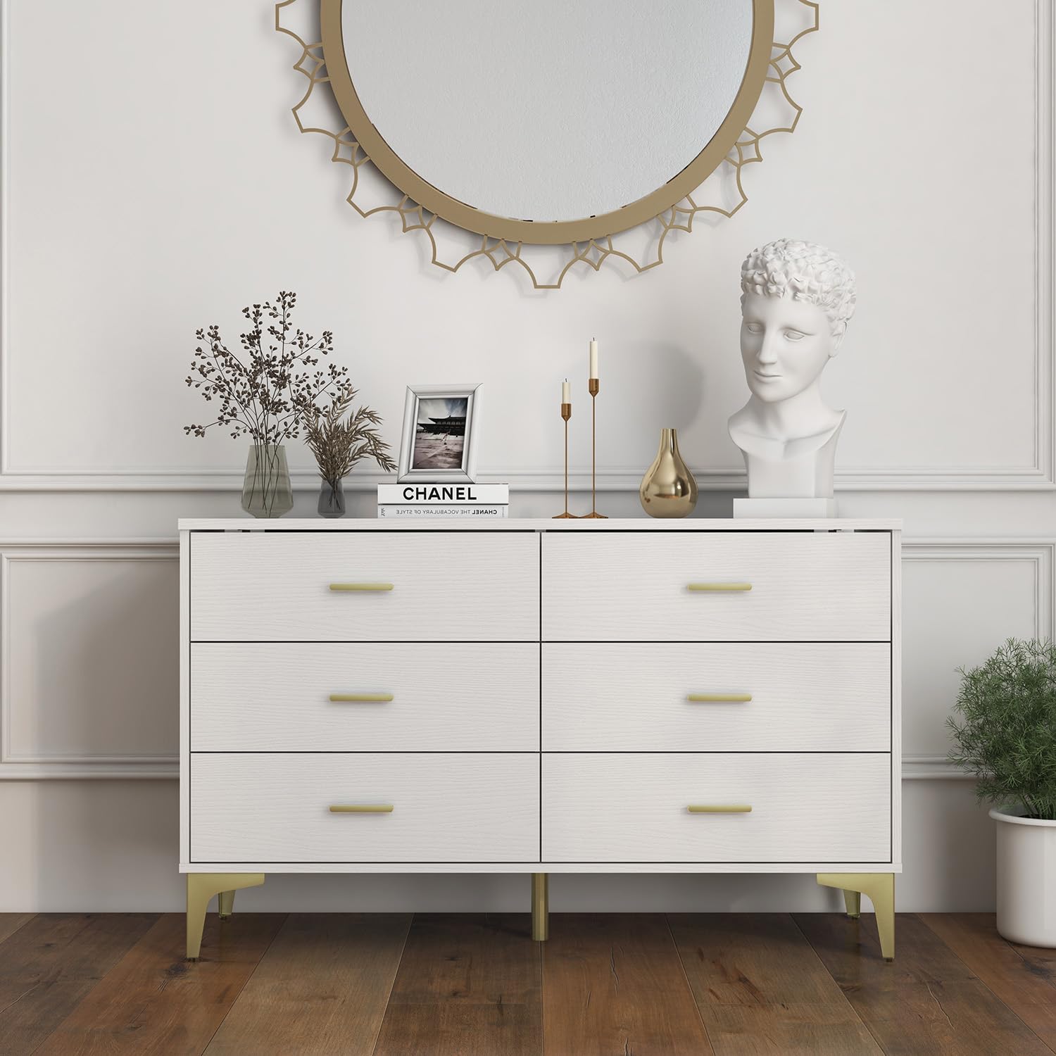 Modern 6-Drawer Wooden Dresser - Solid Wood Lateral Chest of Drawers with Wide Storage Drawers & Gold Metal Handles for Bedroom, Living Room, Hallway | Perfect for Closet Organization, Home Decor & Entryway Storage