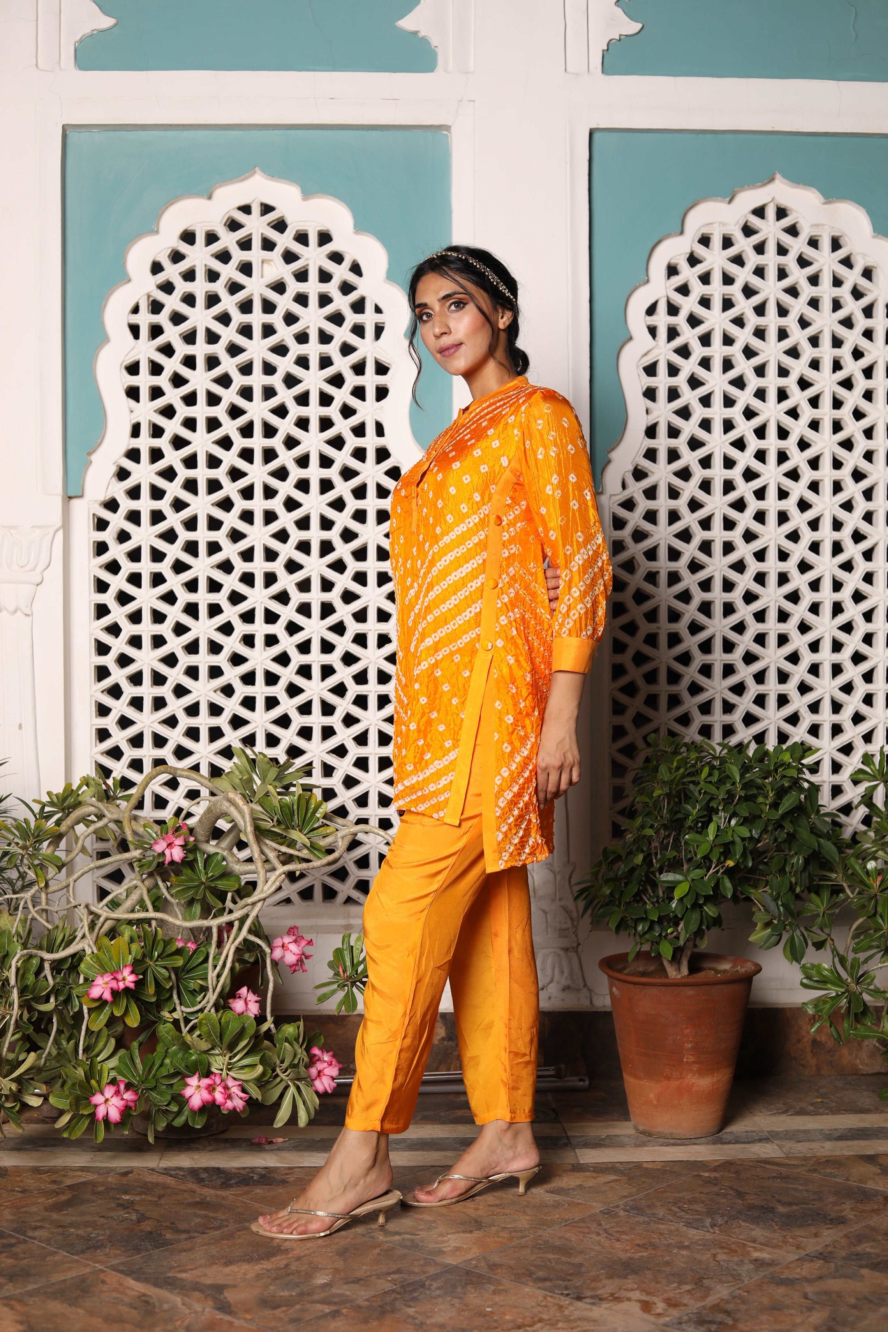 Stylish Bandhej Orange Festive Kurta Pants Set for Women - Perfect for Diwali, Weddings & Special Occasions
