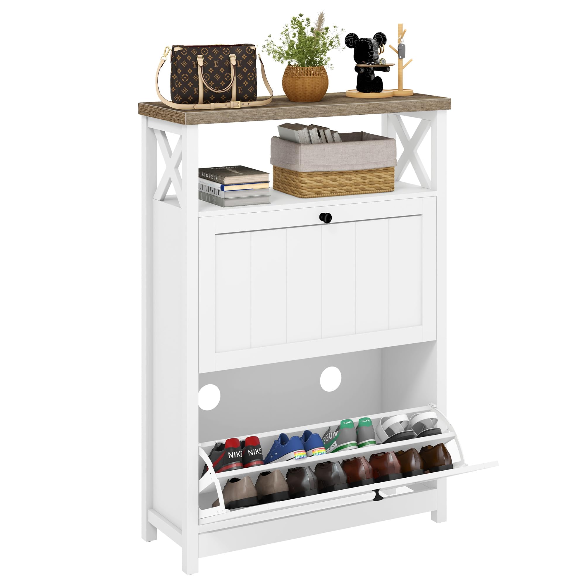 DWVO White Shoe Storage Cabinet with 2 Flip Drawers - Space Saving Entryway Organizer for Shoes, Boots & Accessories | Perfect for Hallway, Closet & Mudroom Organization