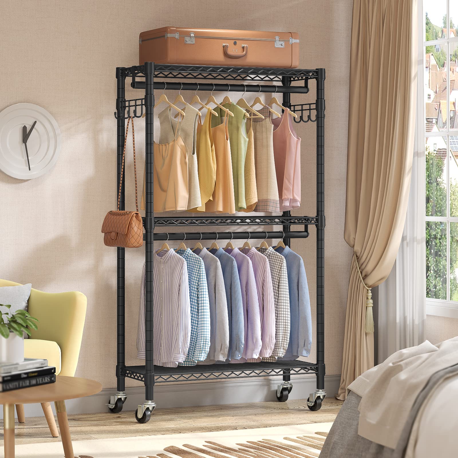 VIPEK R2 Medium Rolling Clothes Rack - Heavy Duty Adjustable Metal Garment Rack with Wheels & Side Hooks | Freestanding Wardrobe for Bedroom, Closet, Laundry Room, or Retail Store | Black Storage Organizer for Hanging Clothes, Jackets, and Accessories